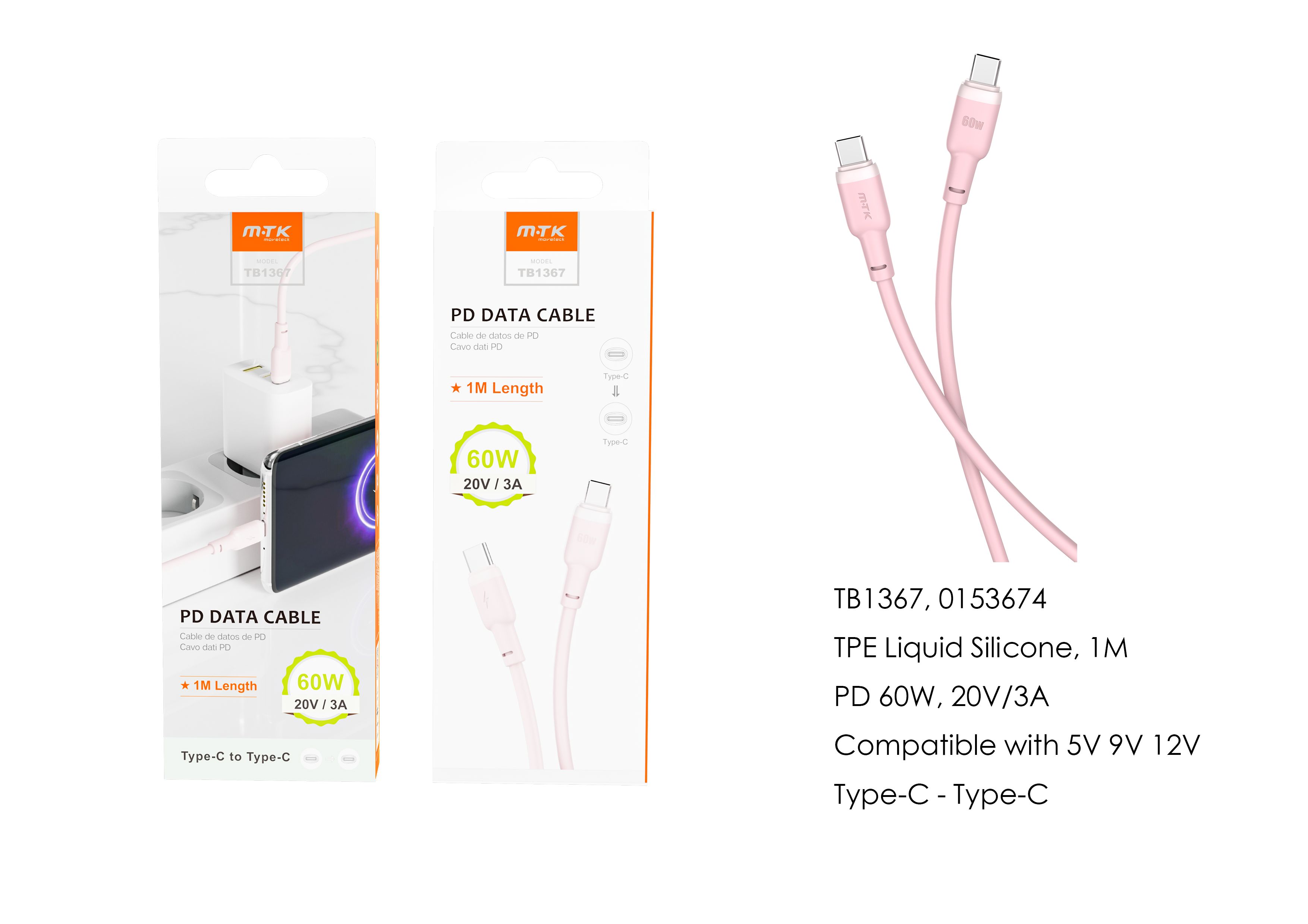 TB1367  RS Cable de Datos Evie , Type-C a Type-C ,Carga Rapida PD 60W/20V/3A , Cable 1M , Rosa