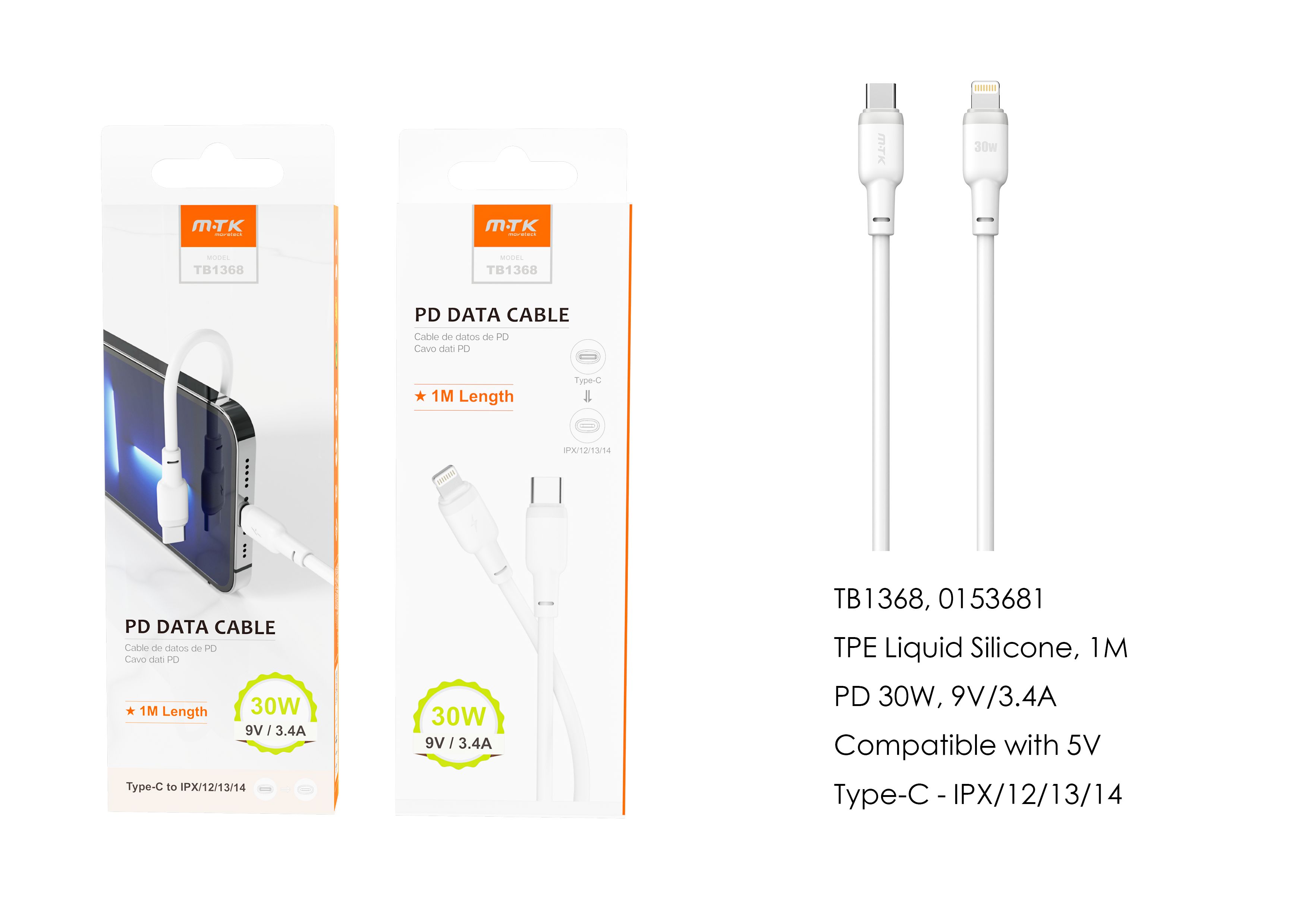 TB1368 BL Cable de datos Evie para Type-C a Lightning , Carga Rapida PD, 30W/9V/3.4A, 1M, Blanco