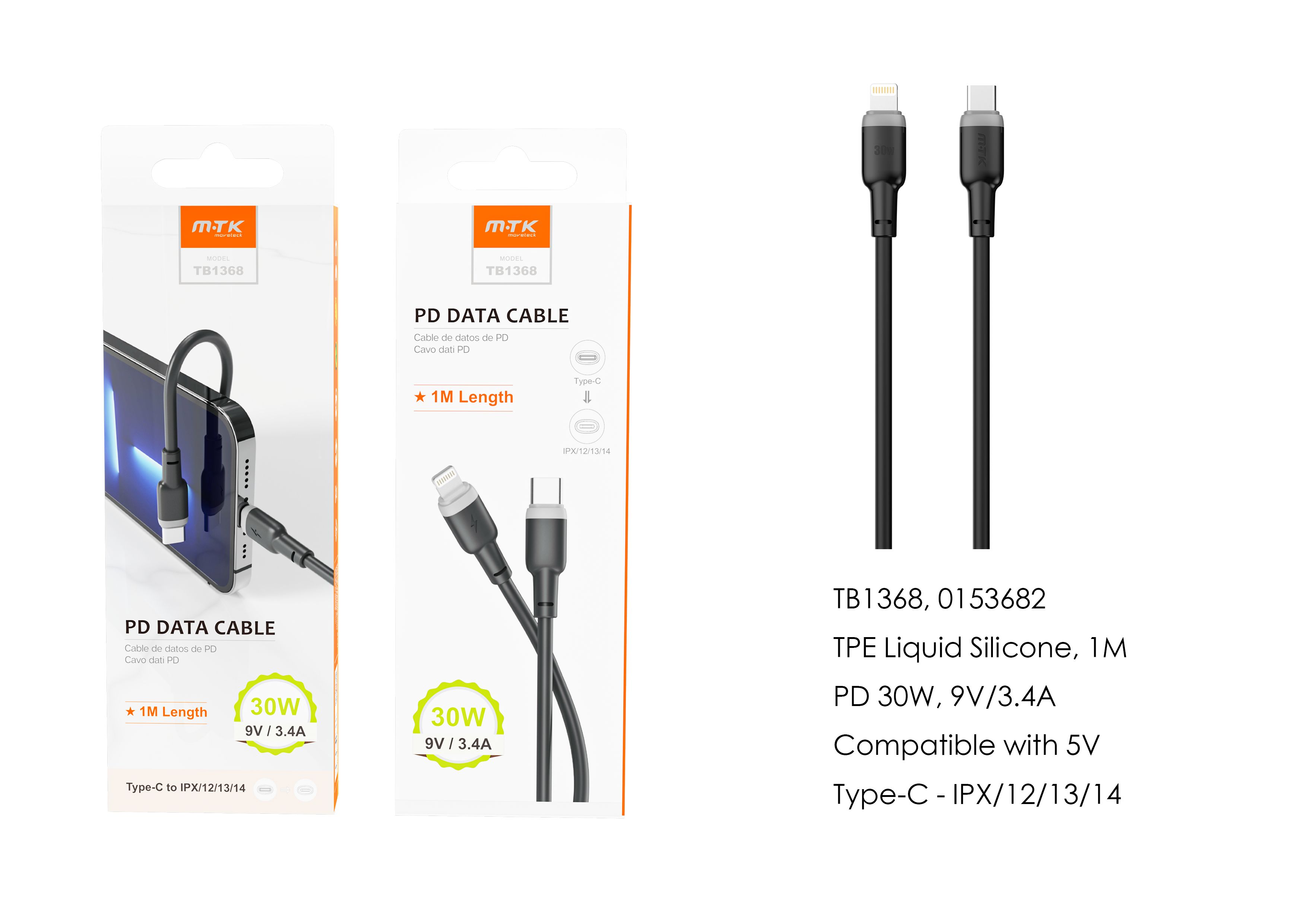 TB1368 NE Cable de datos Evie para Type-C a Lightning , Carga Rapida PD, 30W/9V/3.4A, 1M, Negro