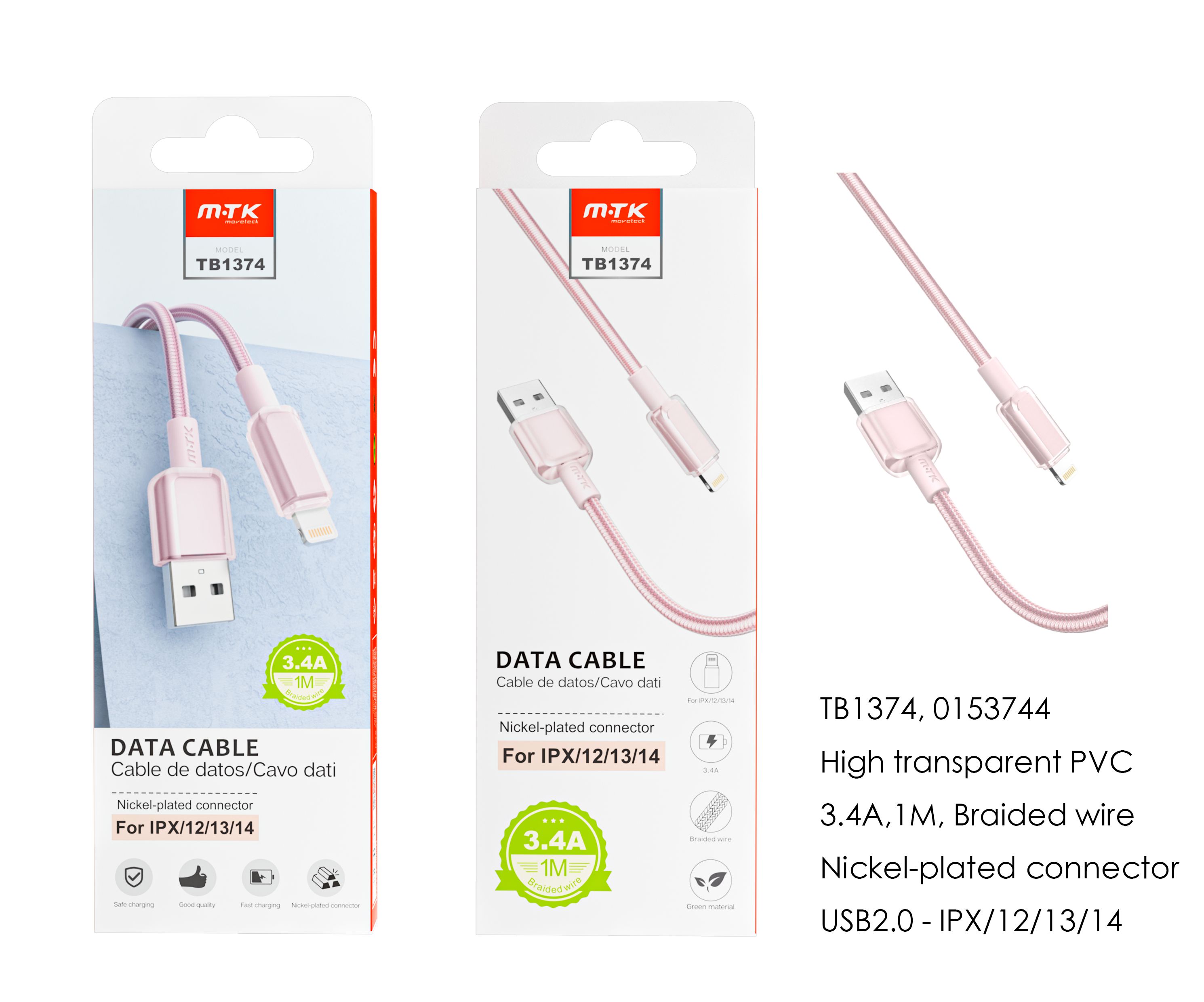 TB1374 RS Cable de datos Hebe PVC trenzado para Iphone 5-14, 3.4A, 1M, Rosa