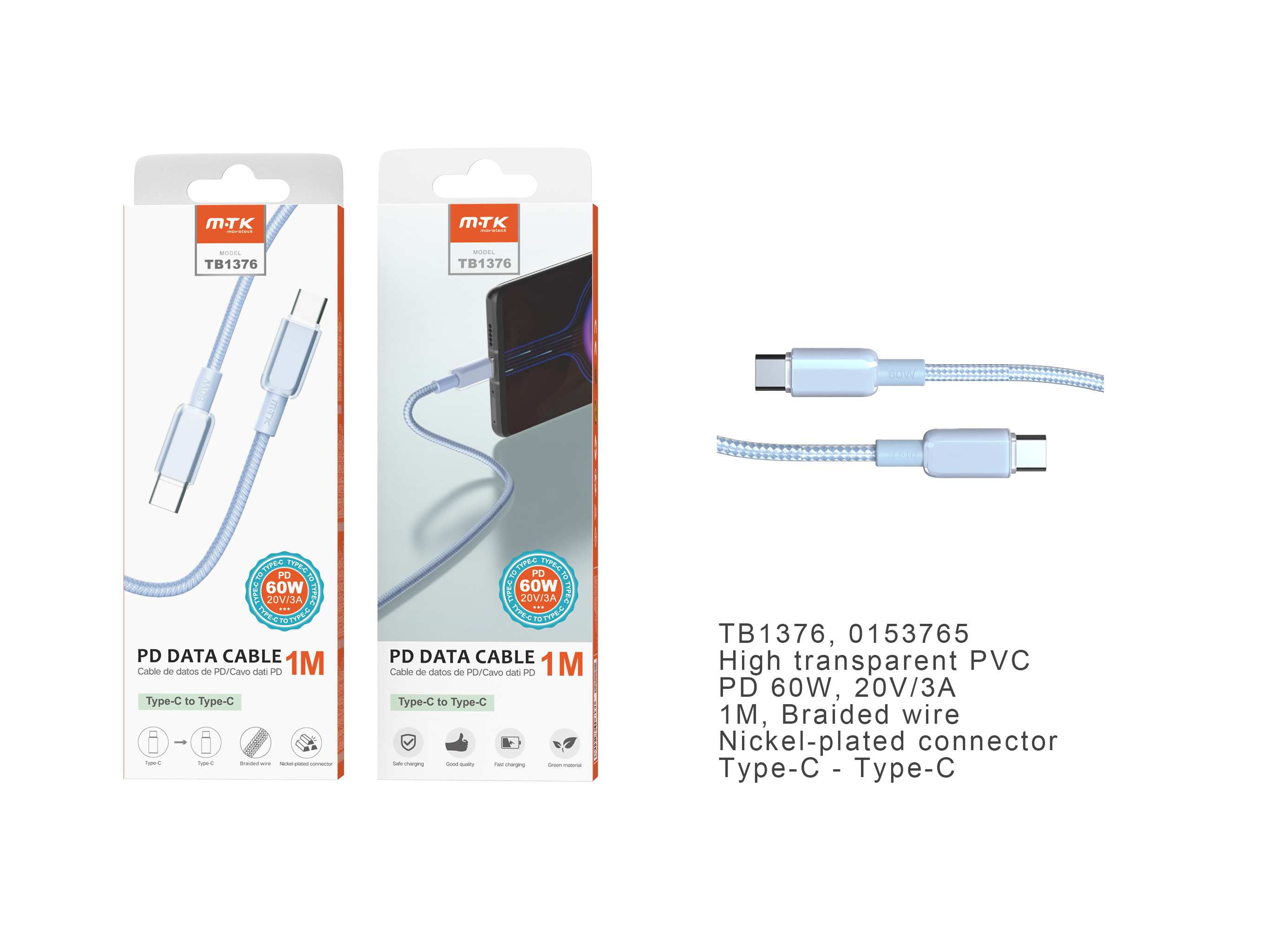 TB1376 AZ Cable de datos Hebe PVC trenzado para Type-C a Type-C , Carga Rapida PD,60W/20V/3A, 1M, Az