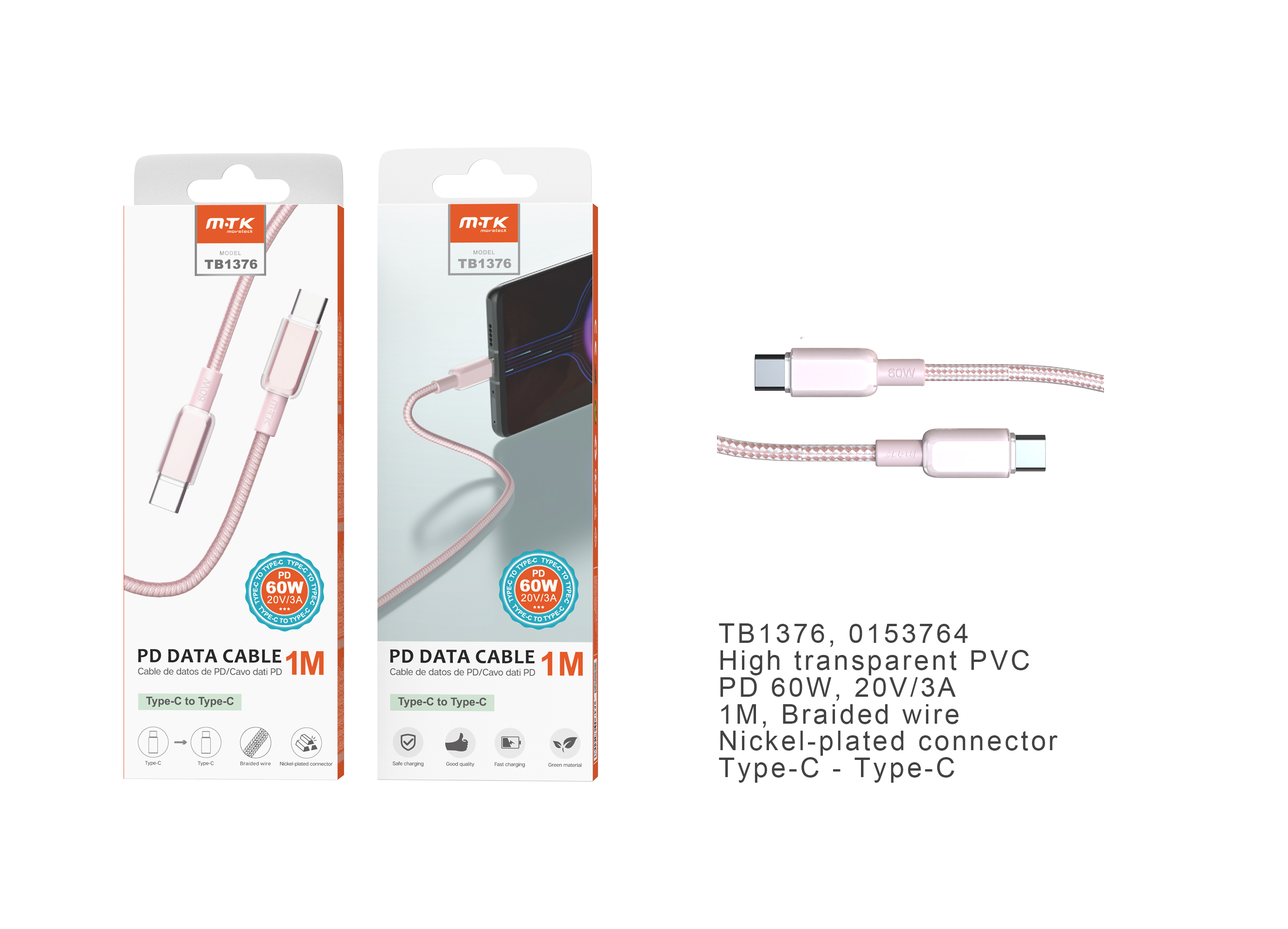 TB1376 RS Cable de datos Hebe PVC trenzado para Type-C a Type-C , Carga Rapida PD,60W/20V/3A, 1M, Ro