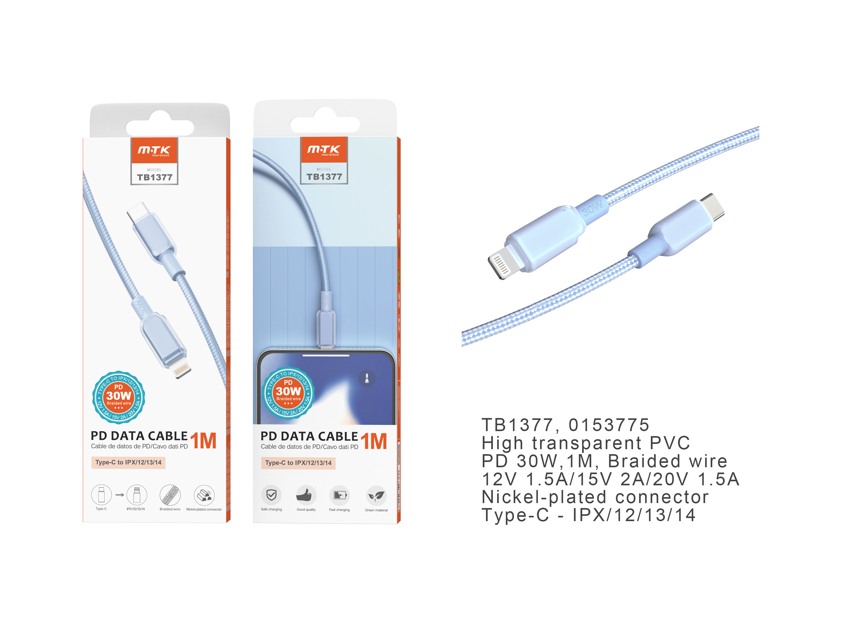 TB1377 AZ Cable de datos Hebe PVC trenzado para Type-C a Lightning , Carga Rapida PD, 30W/12V/2.5A,