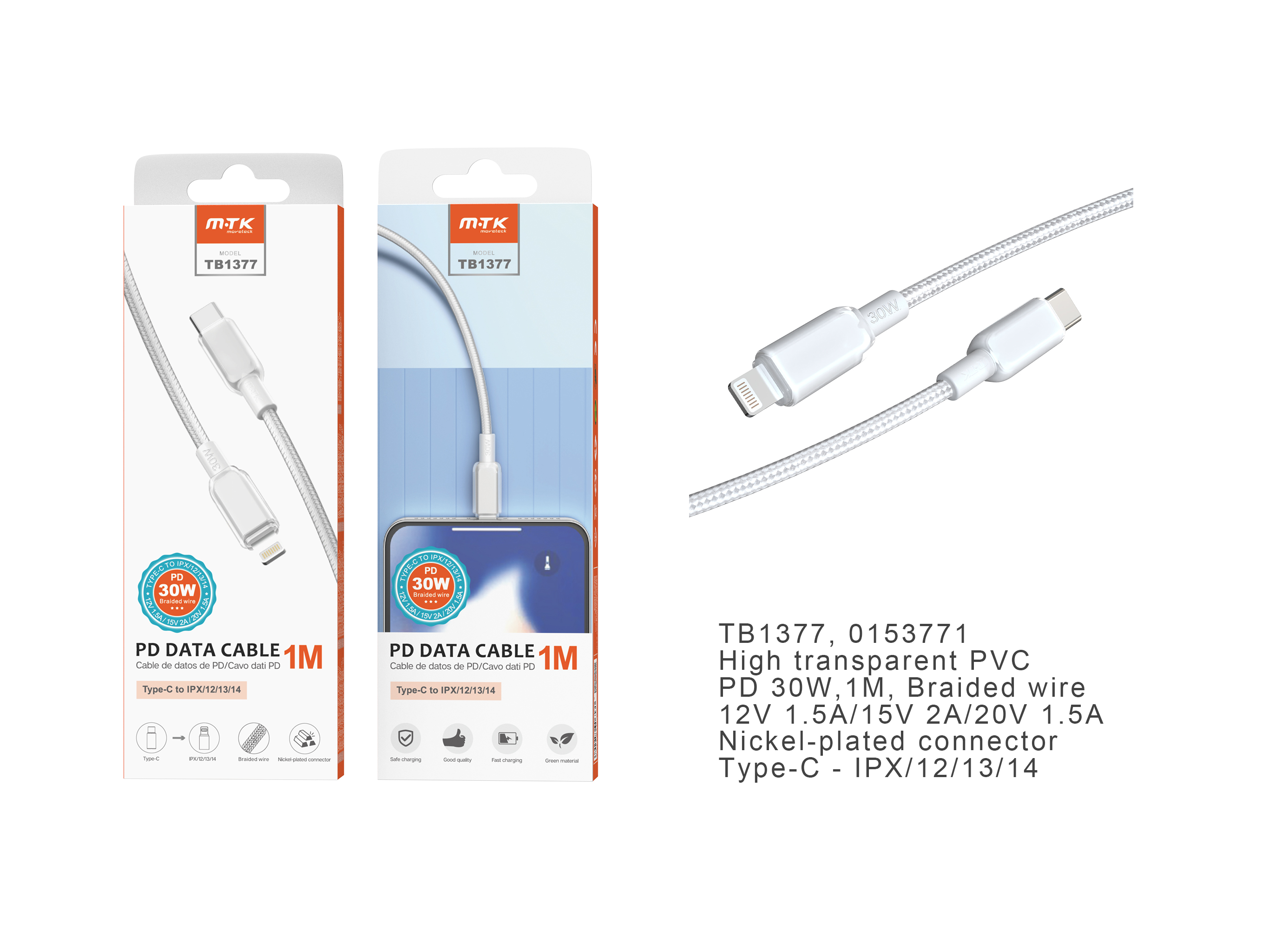 TB1377 BL Cable de datos Hebe PVC trenzado para Type-C a Lightning , Carga Rapida PD, 30W/12V/2.5A, 1M, Blanco