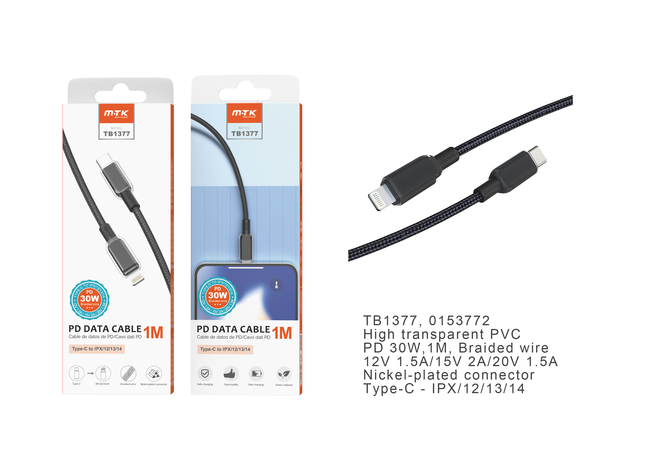 TB1377 NE Cable de datos Hebe PVC trenzado para Type-C a Lightning , Carga Rapida PD, 30W/12V/2.5A,