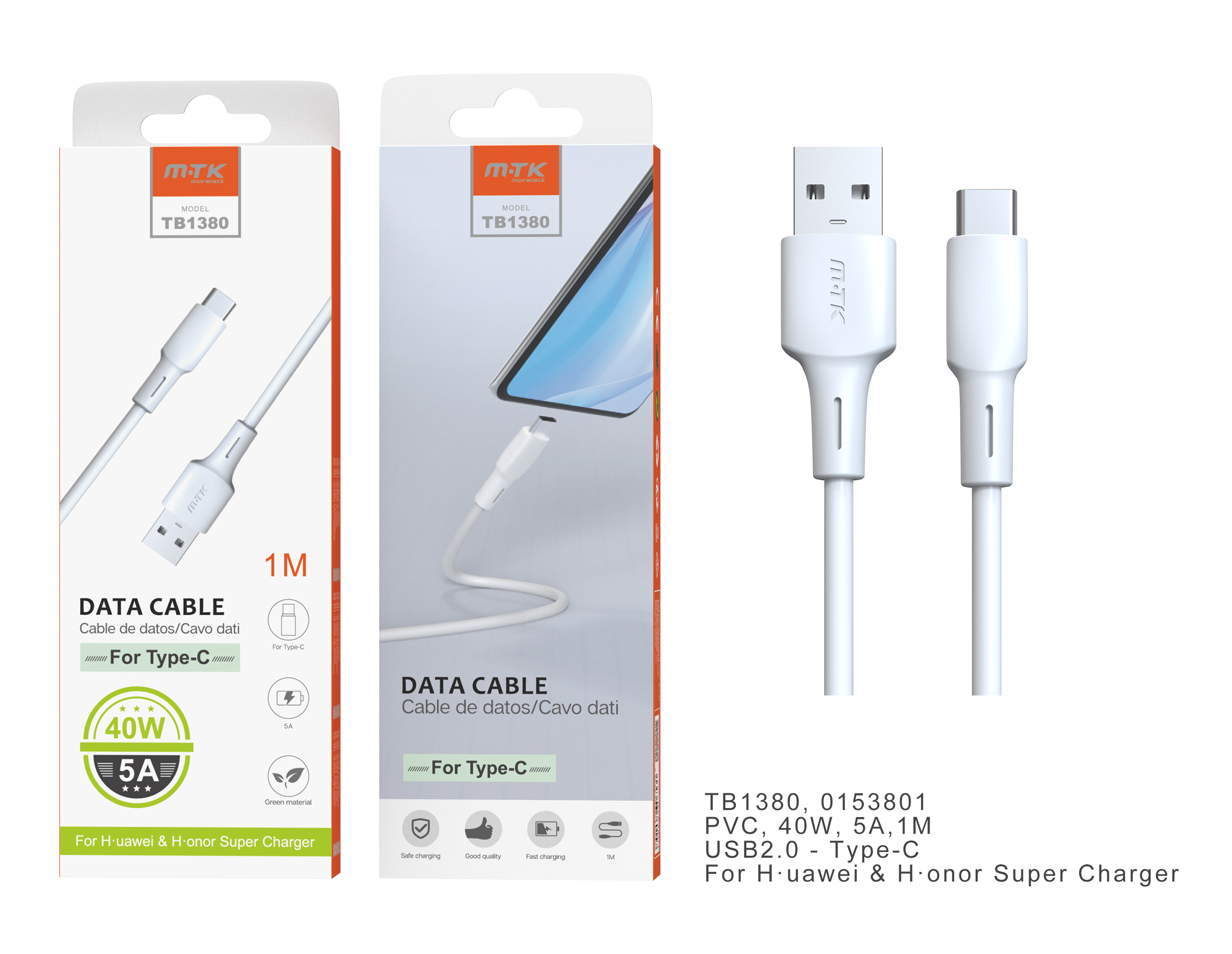 TB1380 BL Cable de datos Benjam para Type-C, Carga super rapida 40W/5A Para Telefonos Huawei y Honor