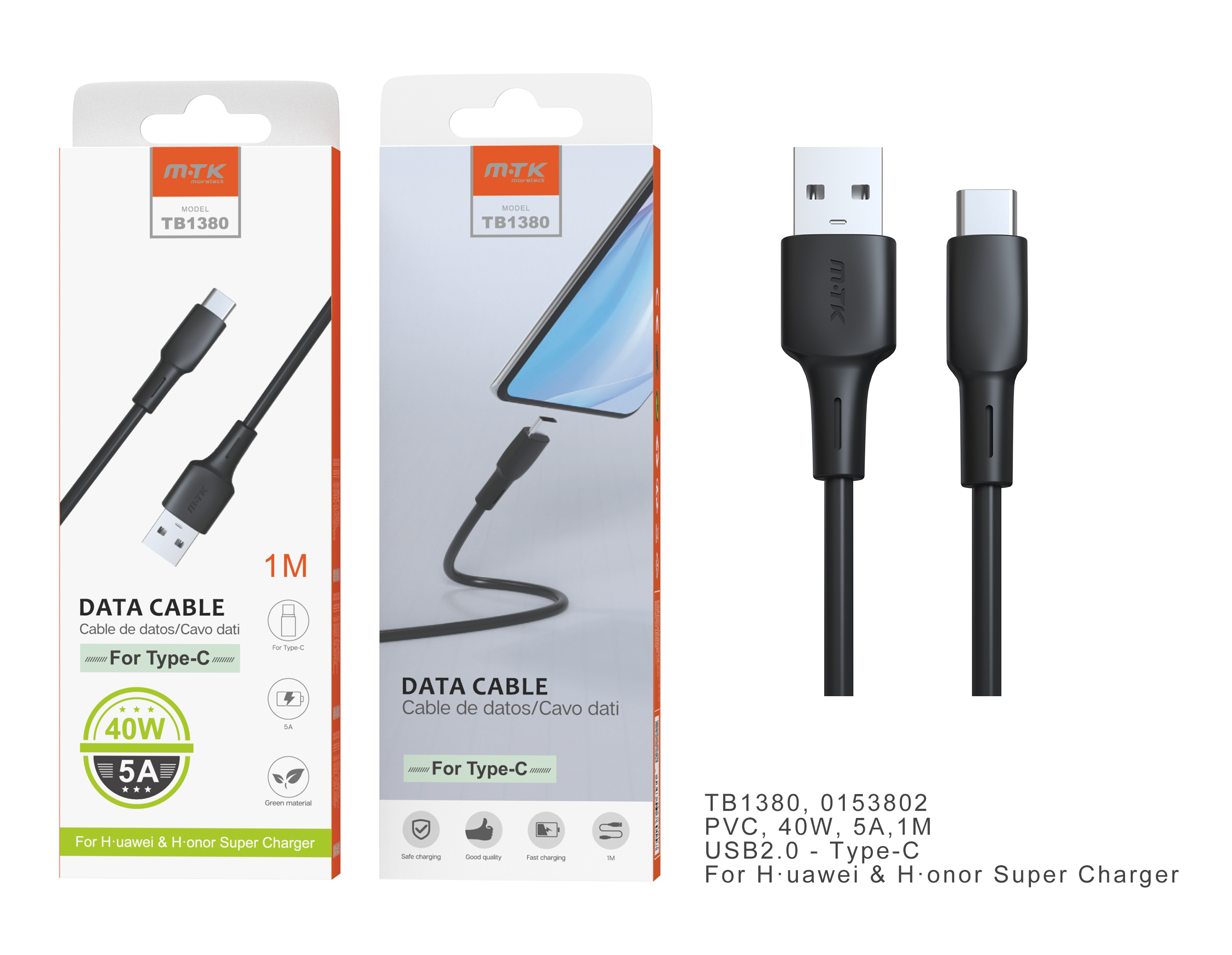 TB1380 NE Cable de datos Benjam para Type-C, Carga super rapida 40W/5A Para Telefonos Huawei y Honor, 1M, Negro