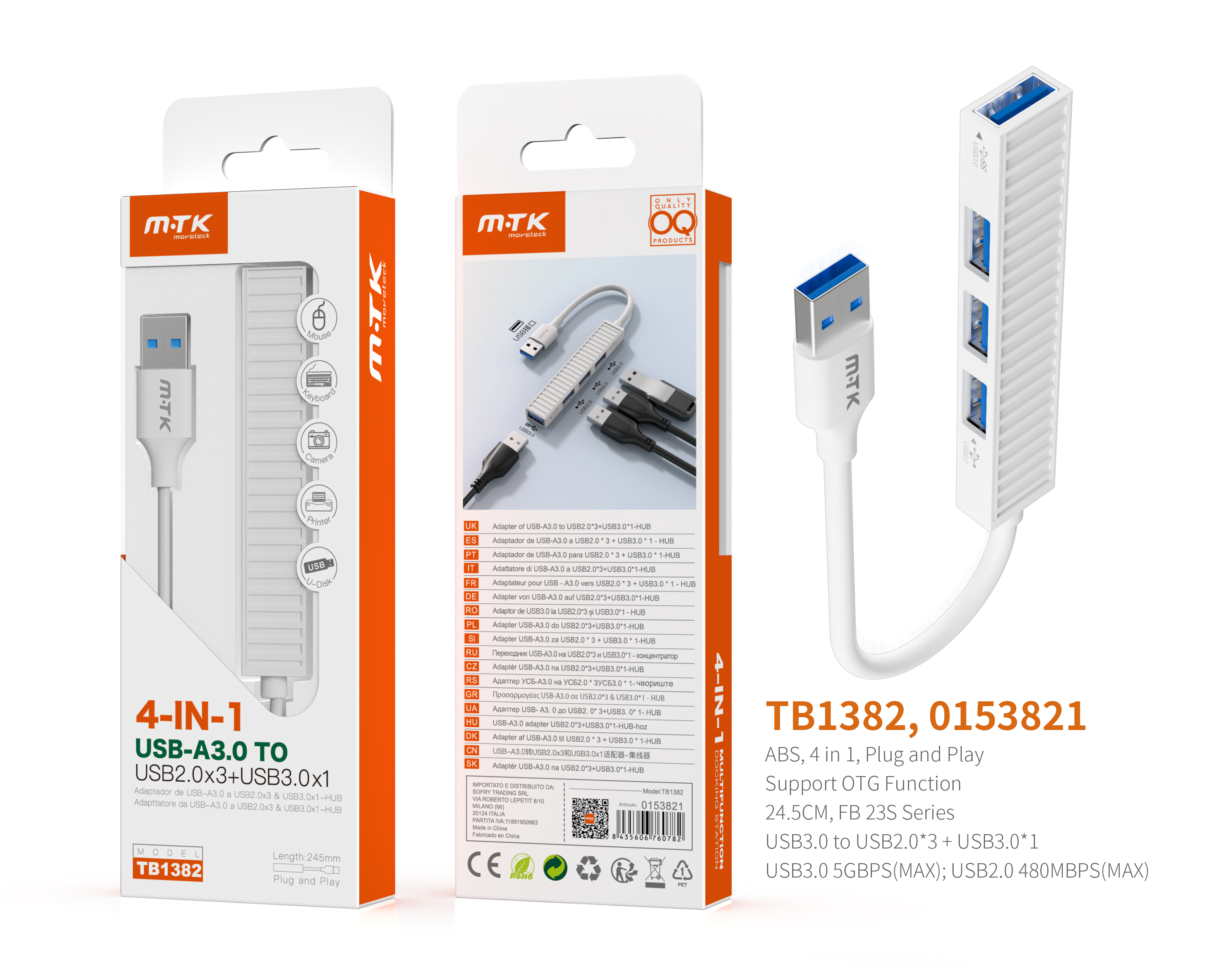 TB1382 BL lector USB 3.0 Hub 4 en 1, 3* USB2.0 + 1* USB3.0  Compatible con  OTG, 24.5CM, Blanco