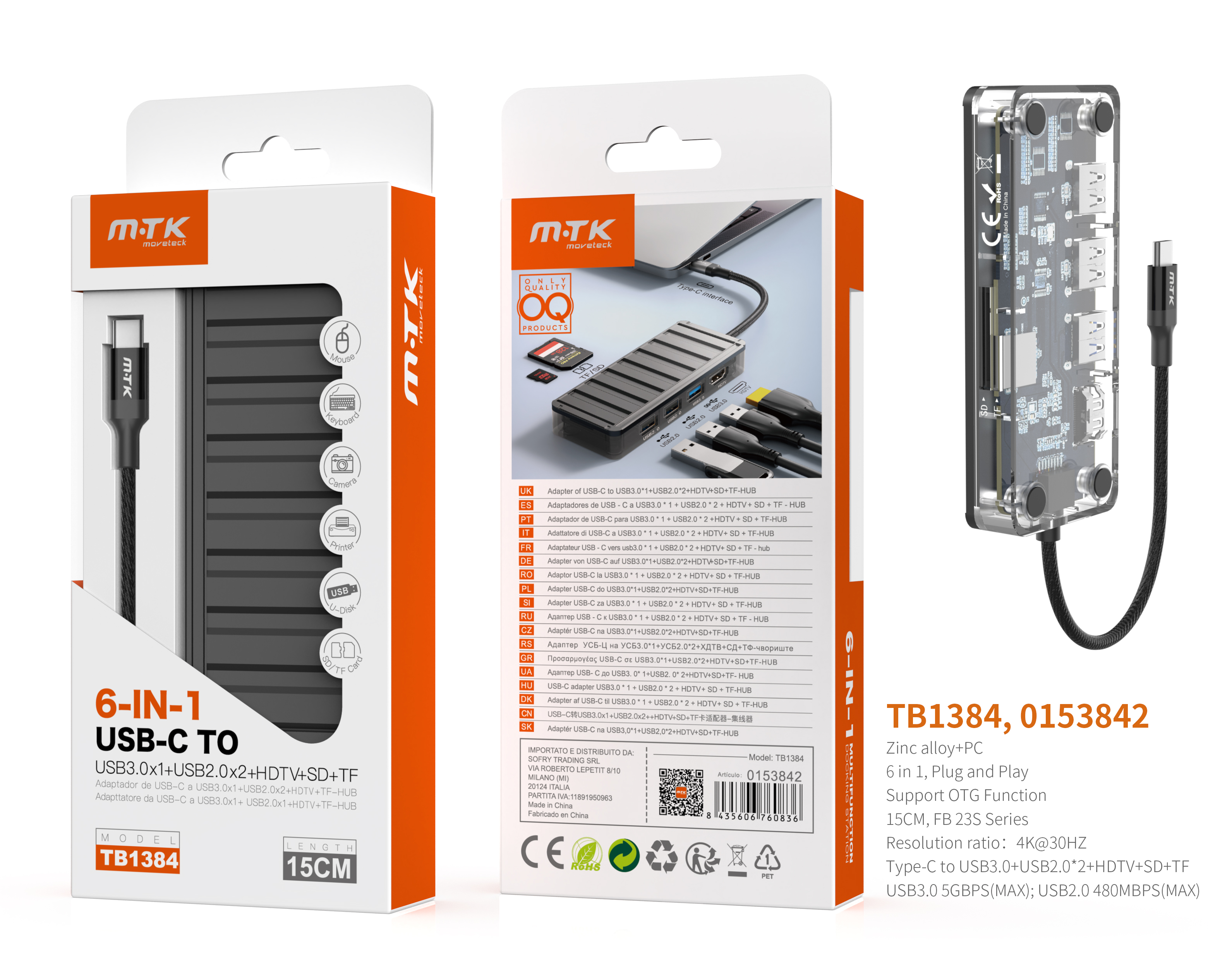 TB1384 NE lector TYPE-C Hub 4 en 1, 2*USB2.0 + 1*USB3.0+HDTV+SD+TF, Compatible con OTG/4K, 15CM, Neg