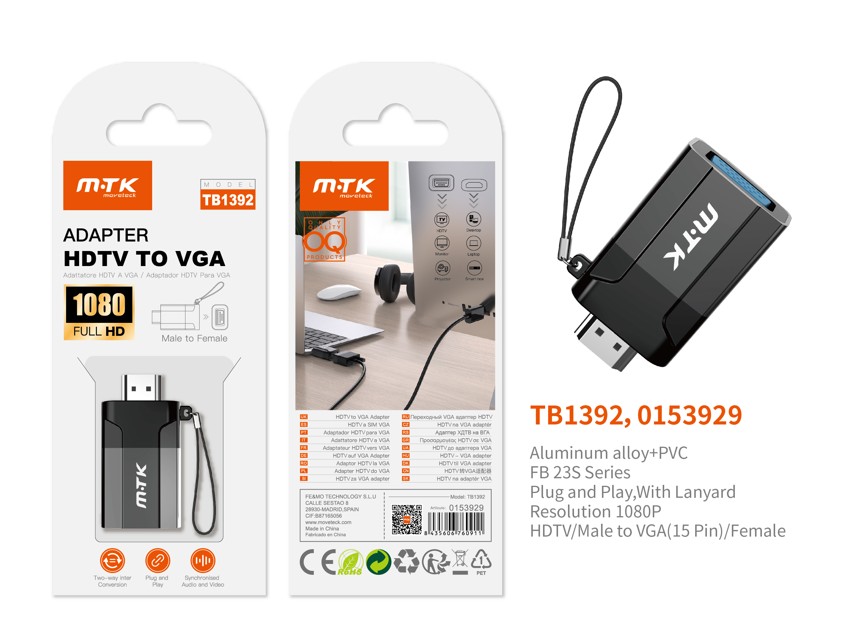 TB1392 NE Adaptador con Correa HDMI (Macho) a VGA 15 Pin(Hembra), 1080P, Negro