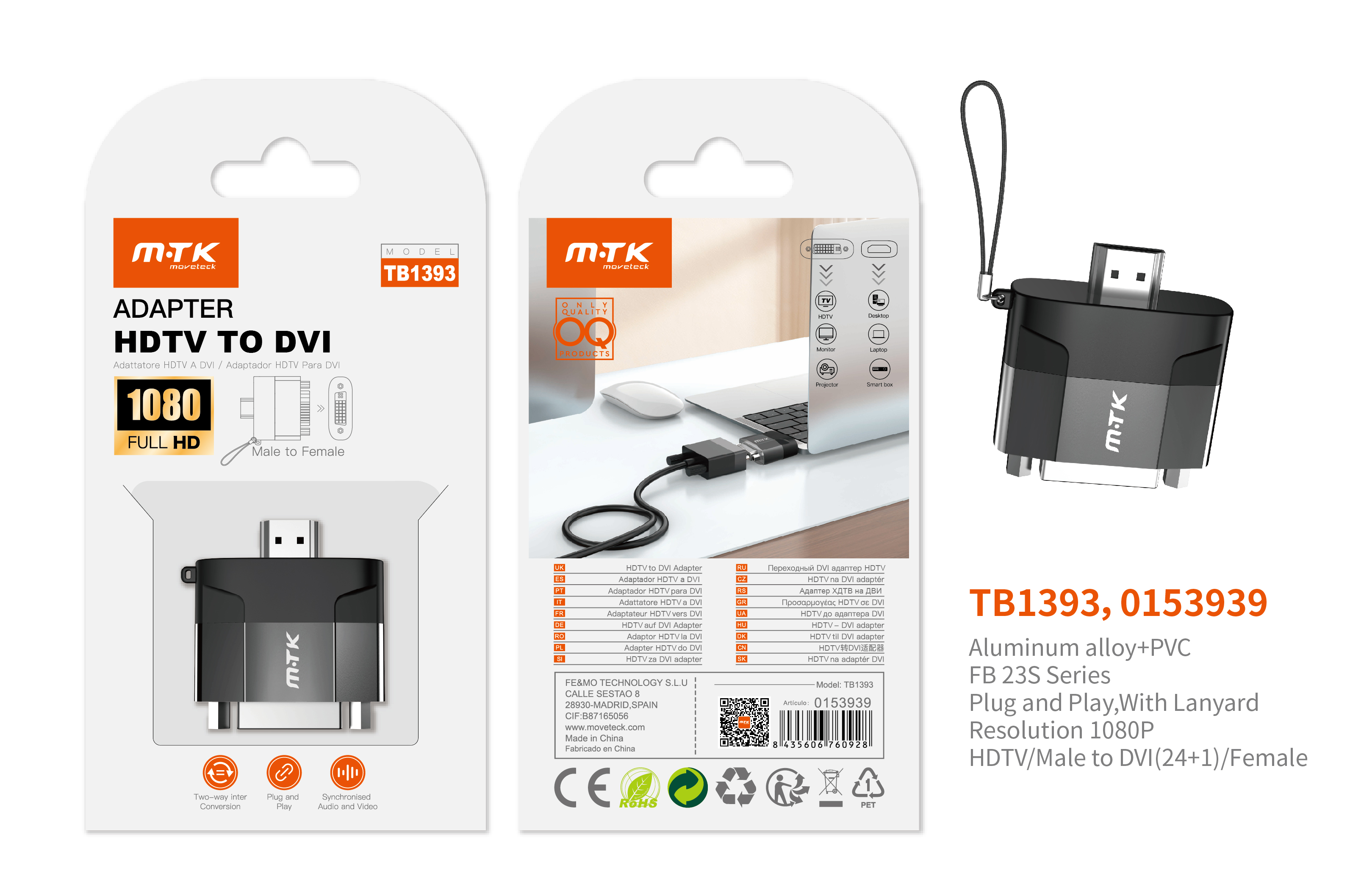 TB1393 NE Adaptador con Correa HDMI (Macho) a DVI 24+1(Hembra), 1080P, Negro