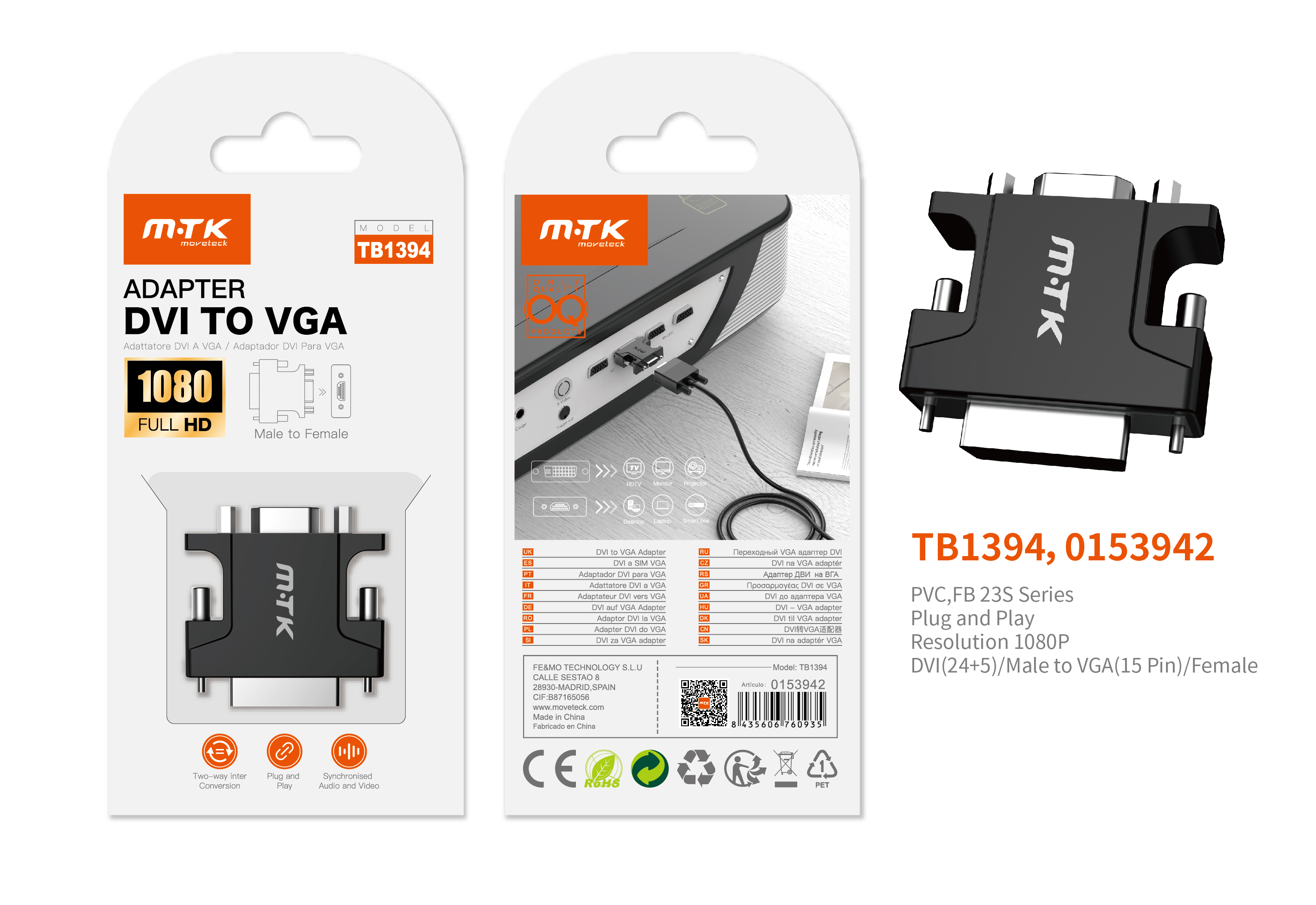 TB1394 NE Adaptador con Correa ?DVI 24+5 (Macho) a VGA 15Pin(Hembra), 1080P, Negro