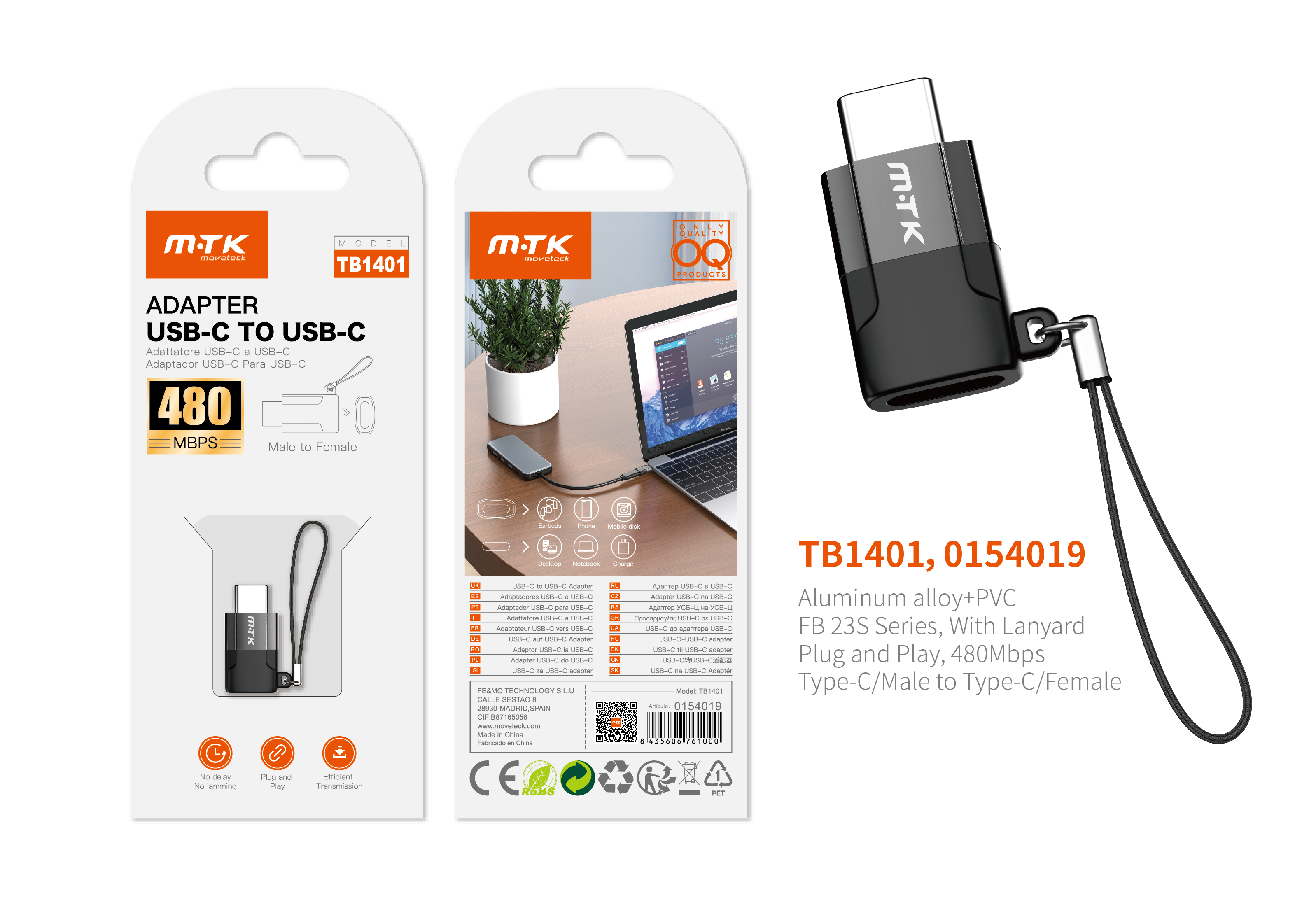 TB1401 NE Adaptador con Correa Type-C (Macho) a Type-C (Hembra), 480Mbps ,Negro