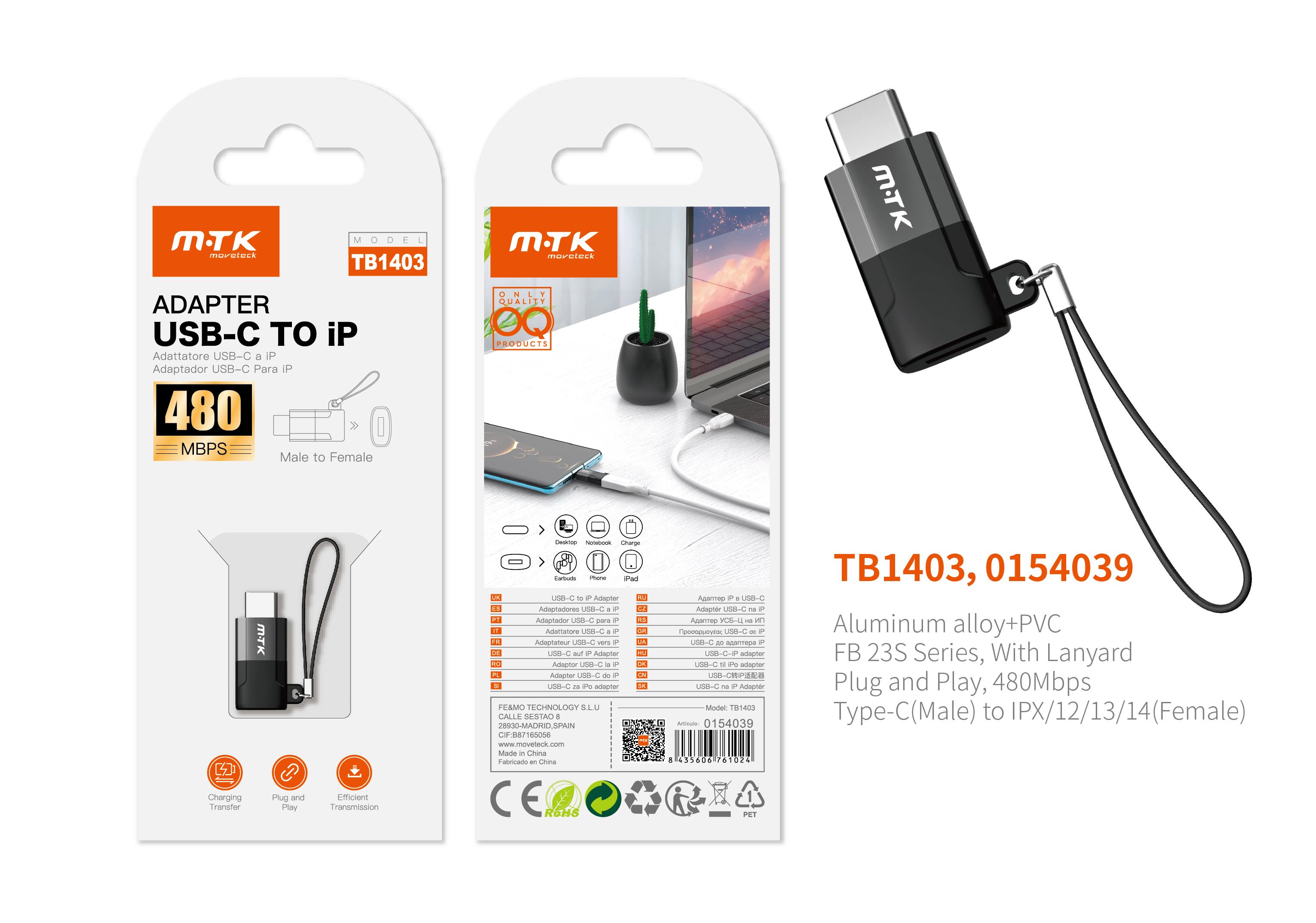 TB1403 NE Adaptador con Correa Type-C (Macho) a Lightning (Hembra), 480Mbps ,Negro