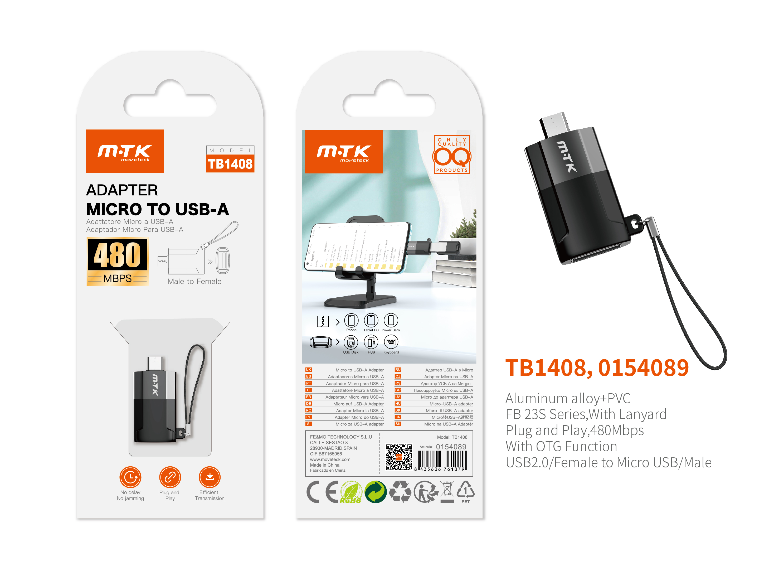 TB1408 NE Adaptador OTG con Correa  USB 2.0 (Hembra) a Micro USB (Macho), 480Mbps, Negro