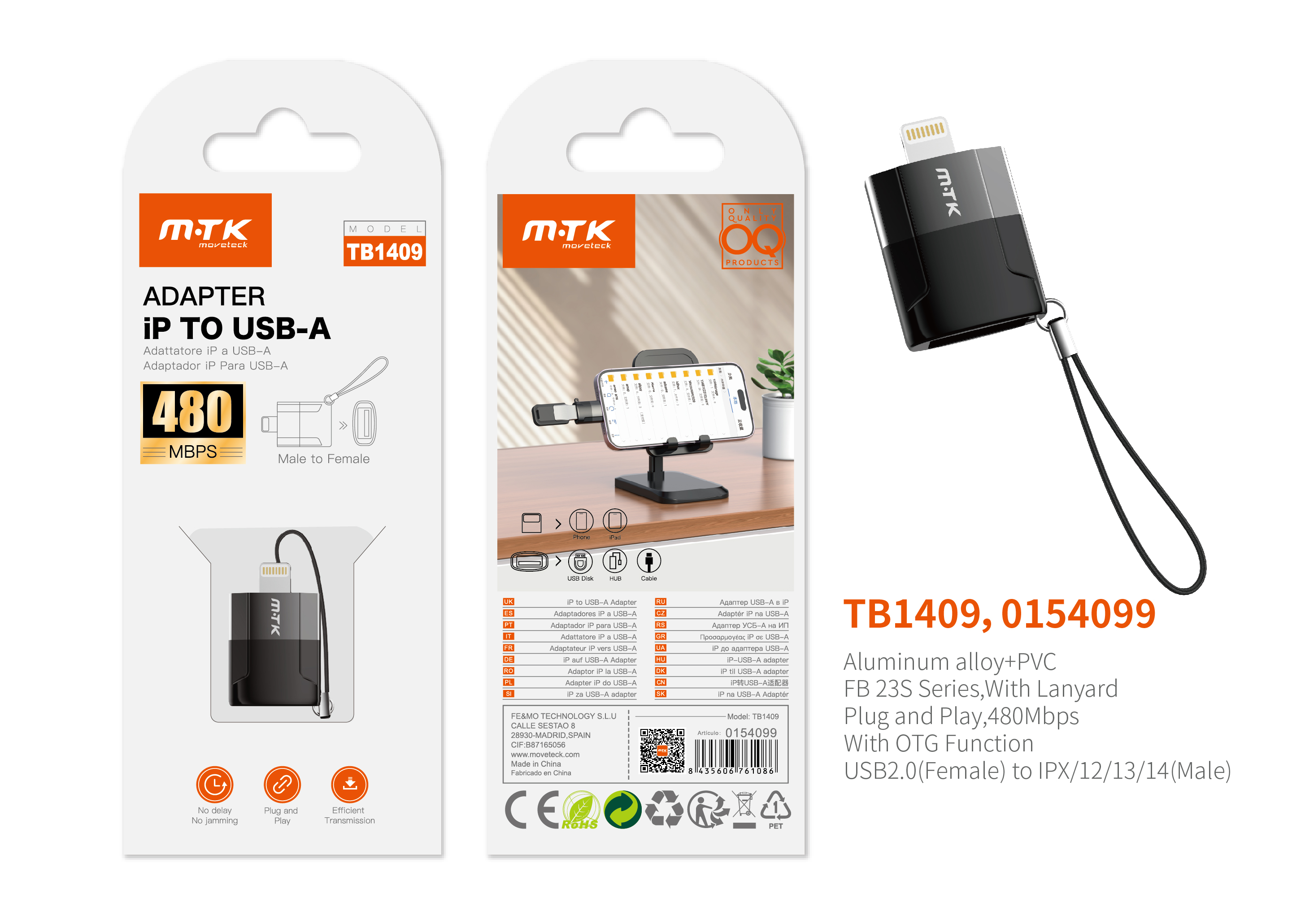 TB1409 NE Adaptador OTG con Correa  USB 2.0 (Hembra) a Lightning (Macho), 480Mbps, Negro