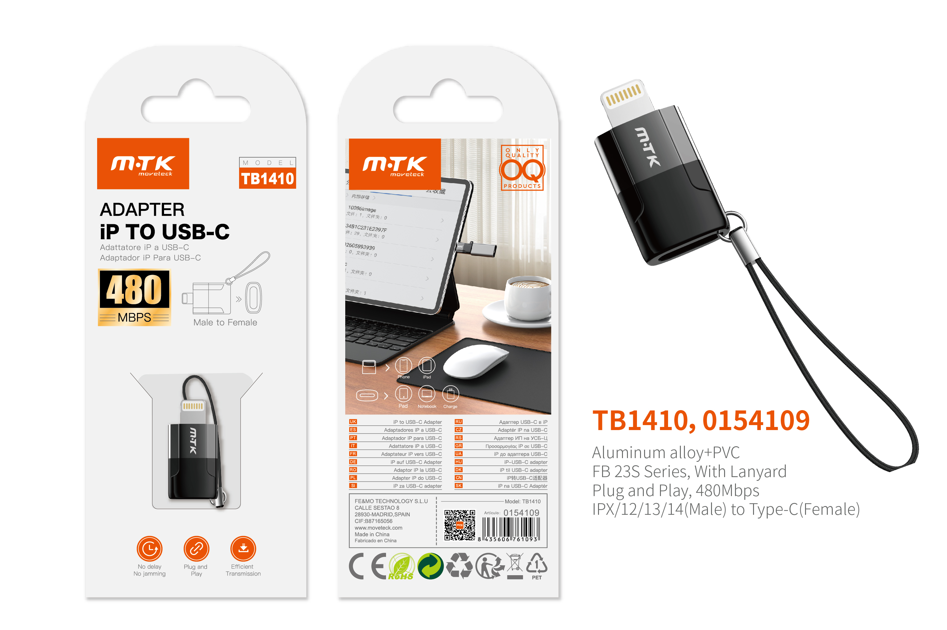 TB1410 NE Adaptador OTG con Correa Lightning (Macho) a Type-C (Hembra) , 480Mbps, Negro