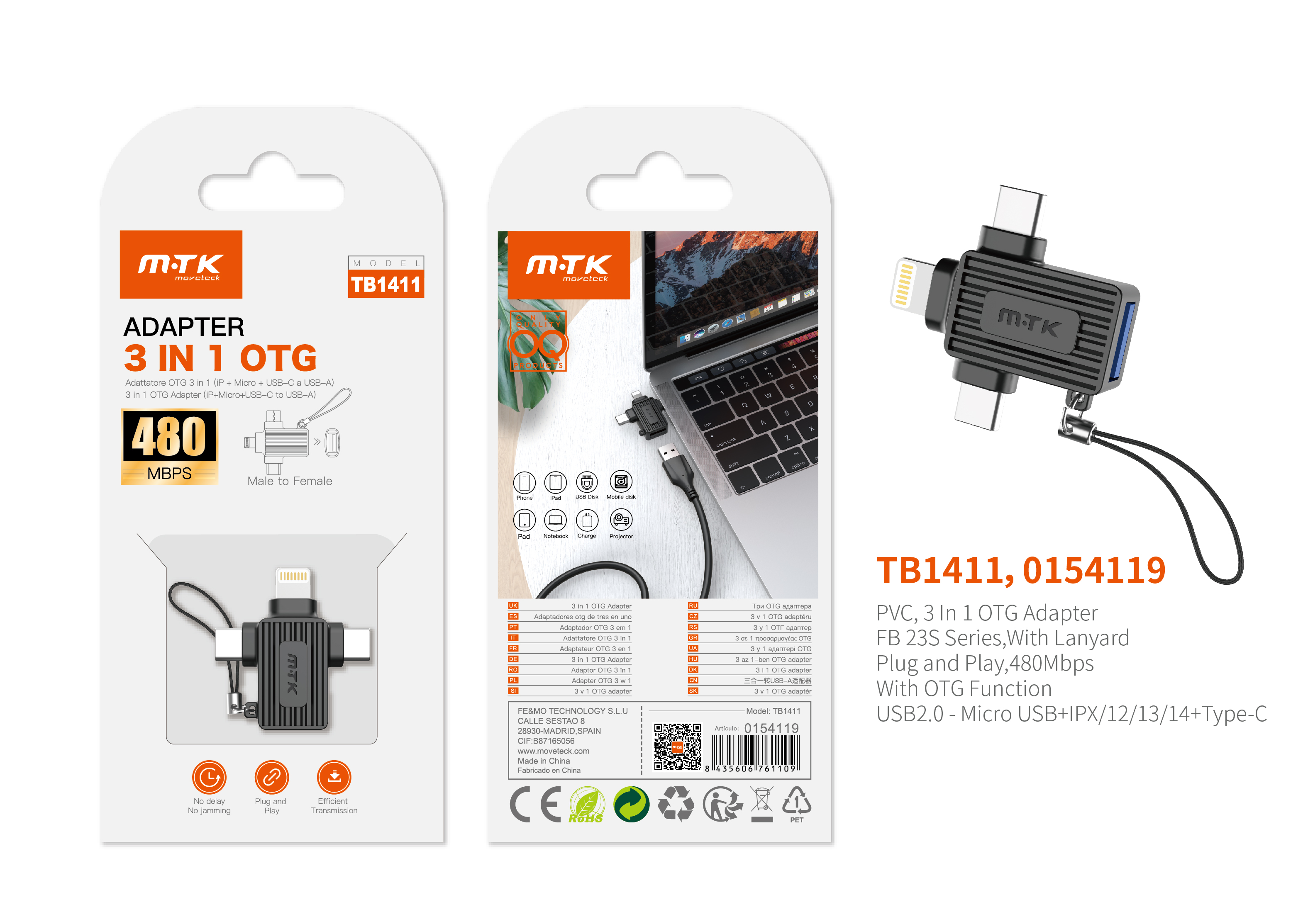 TB1411 NE Adaptador OTG con Correa 3 en 1, USB 2.0 a Micro USB+Type-C+Lightning , 480Mbps, Negro