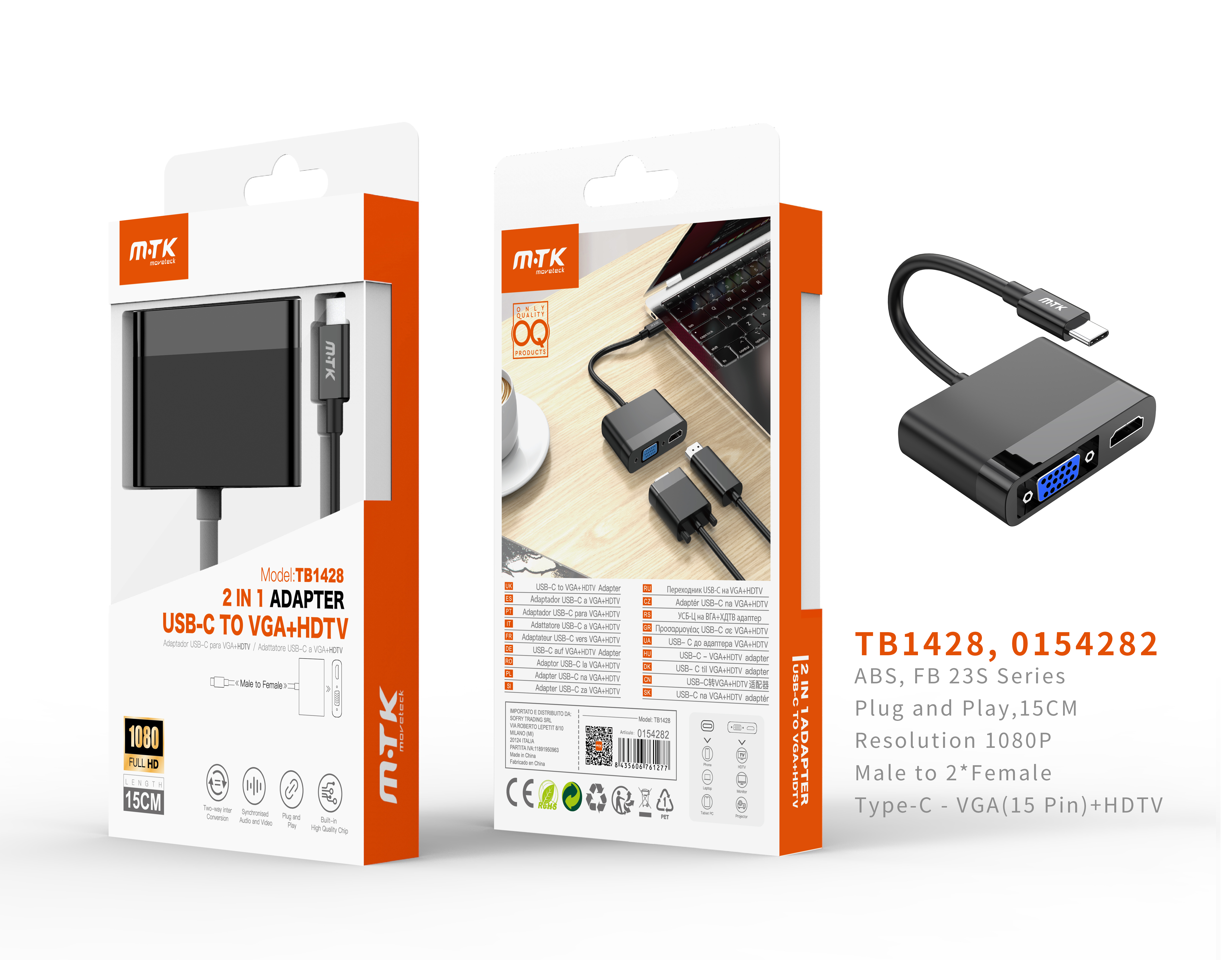 TB1428 NE Adaptador 2 en 1, Type-C(Macho) a VGA 15 Pin+HDMI(Hembra), 1080P,  15CM, Negro