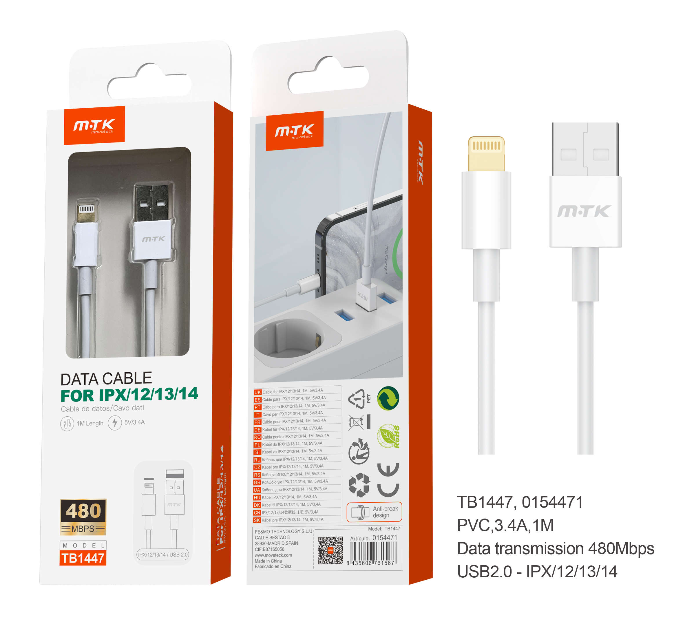 TB1447 BL Cable de Datos PVC Astrid para iphone 5-14, 480Mbps, 3.4A/5V, Cable 1M, Blanco