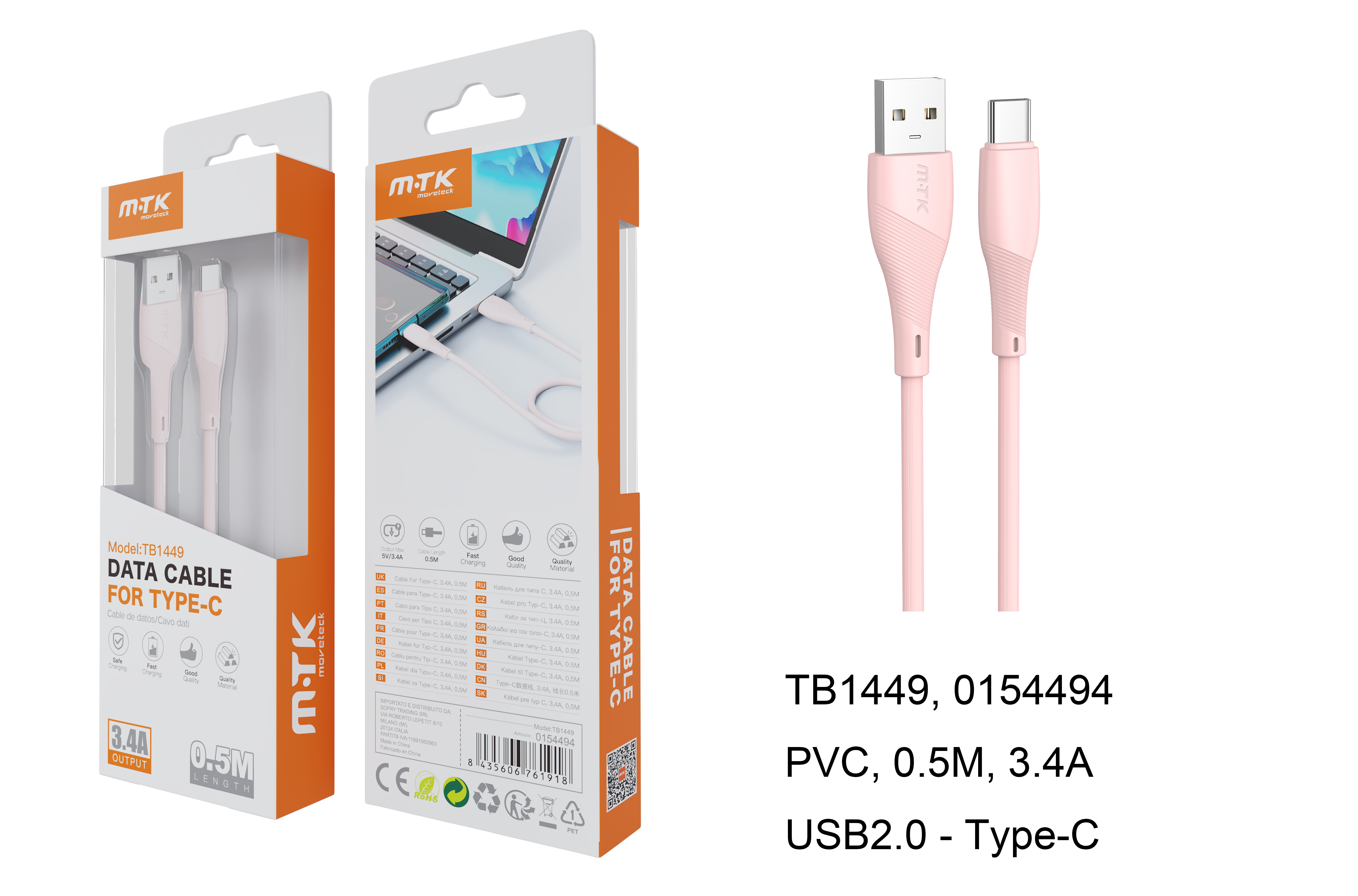 TB1449  RS Mini Cable de Datos Walsh para Type-C , 3.4A, Cable 0.5M, Rosa