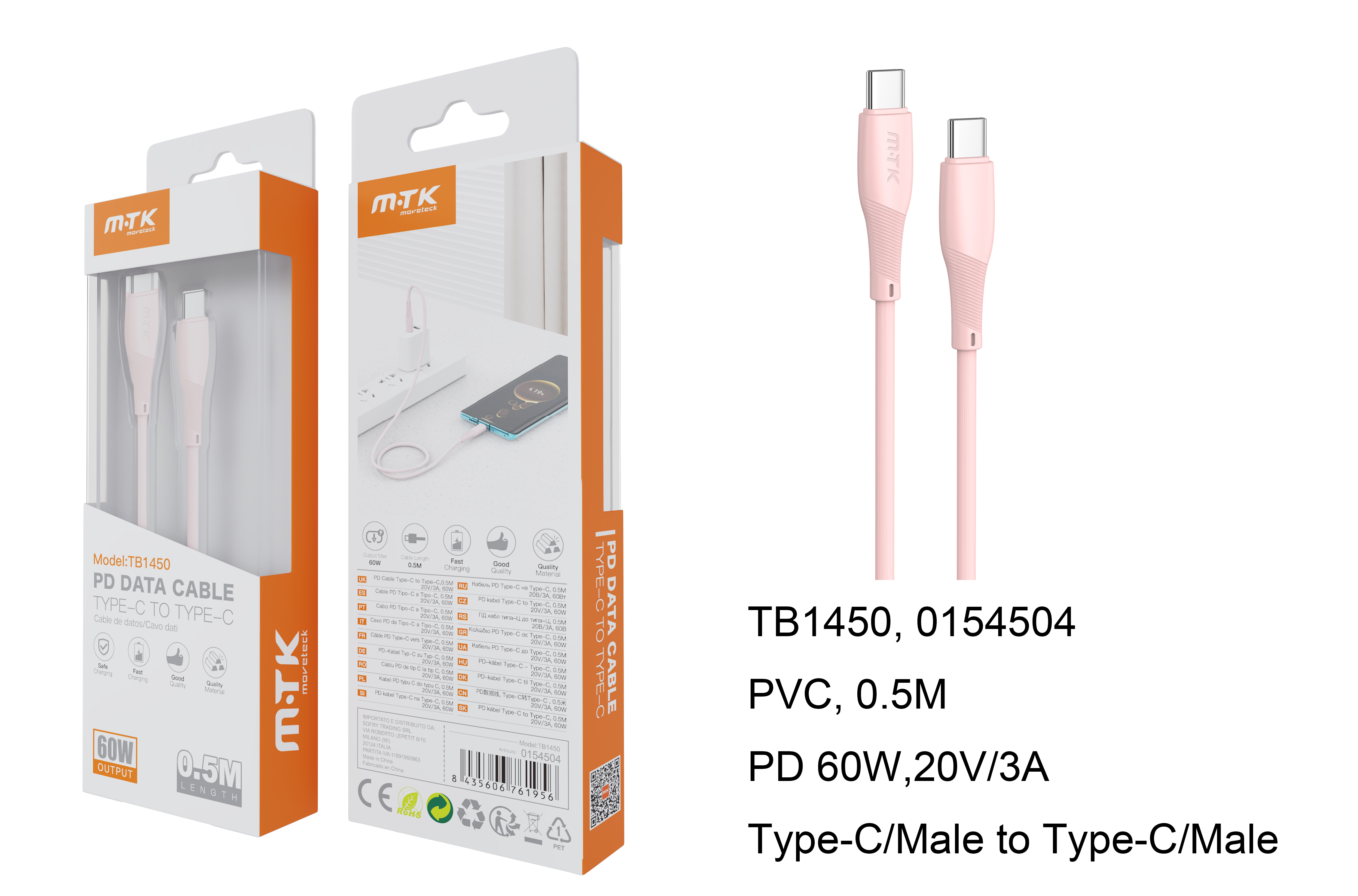 TB1450 RS Cable de Datos Walsh PD Type C a Type C, 60W/20V/3A, Cable 0.5m, Rosa