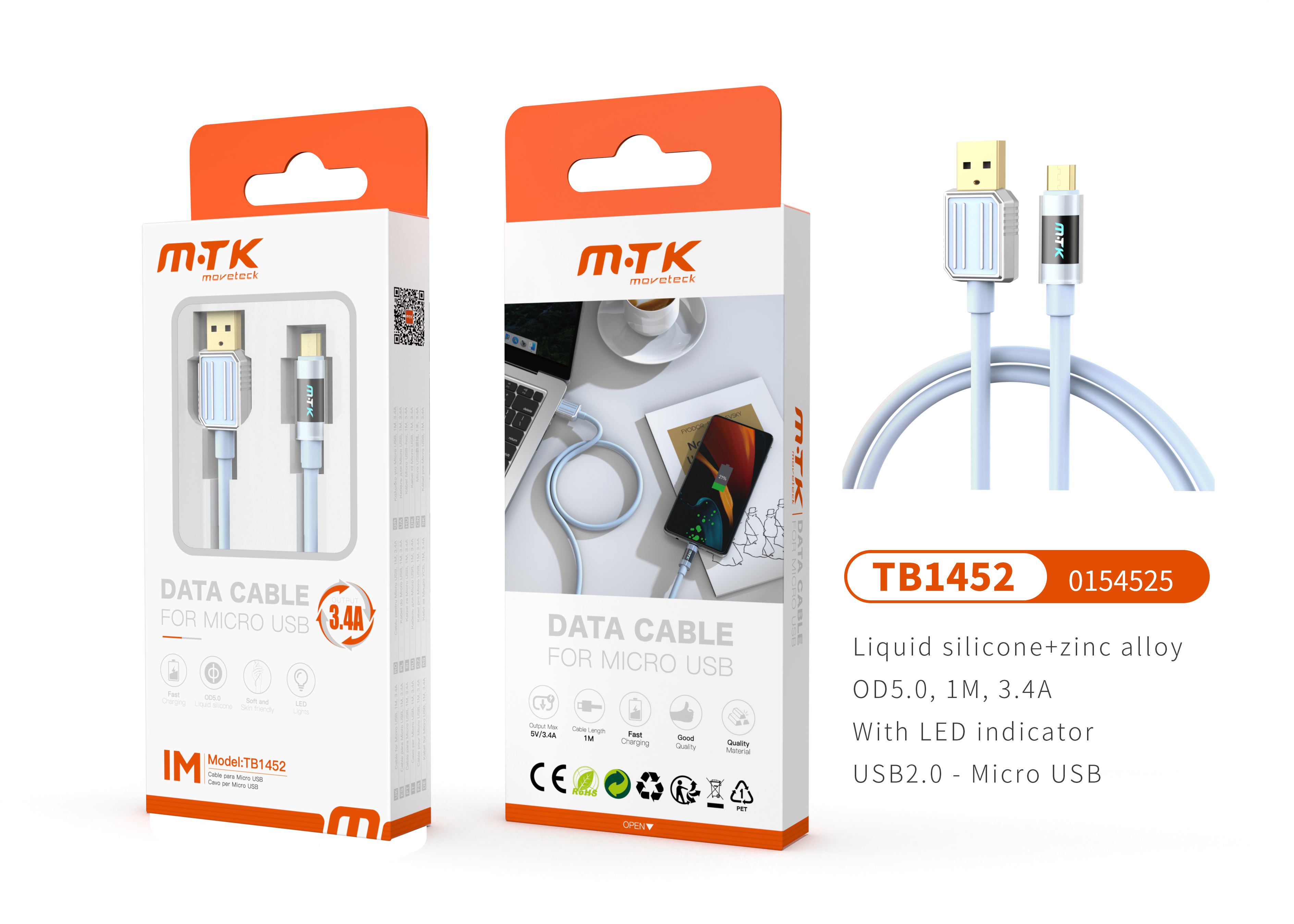 TB1452 AZ Luxury Cable de datos Zinc Alloy+Silicona Aimee para Micro USB Con indicador Led, 5V/3.4A,