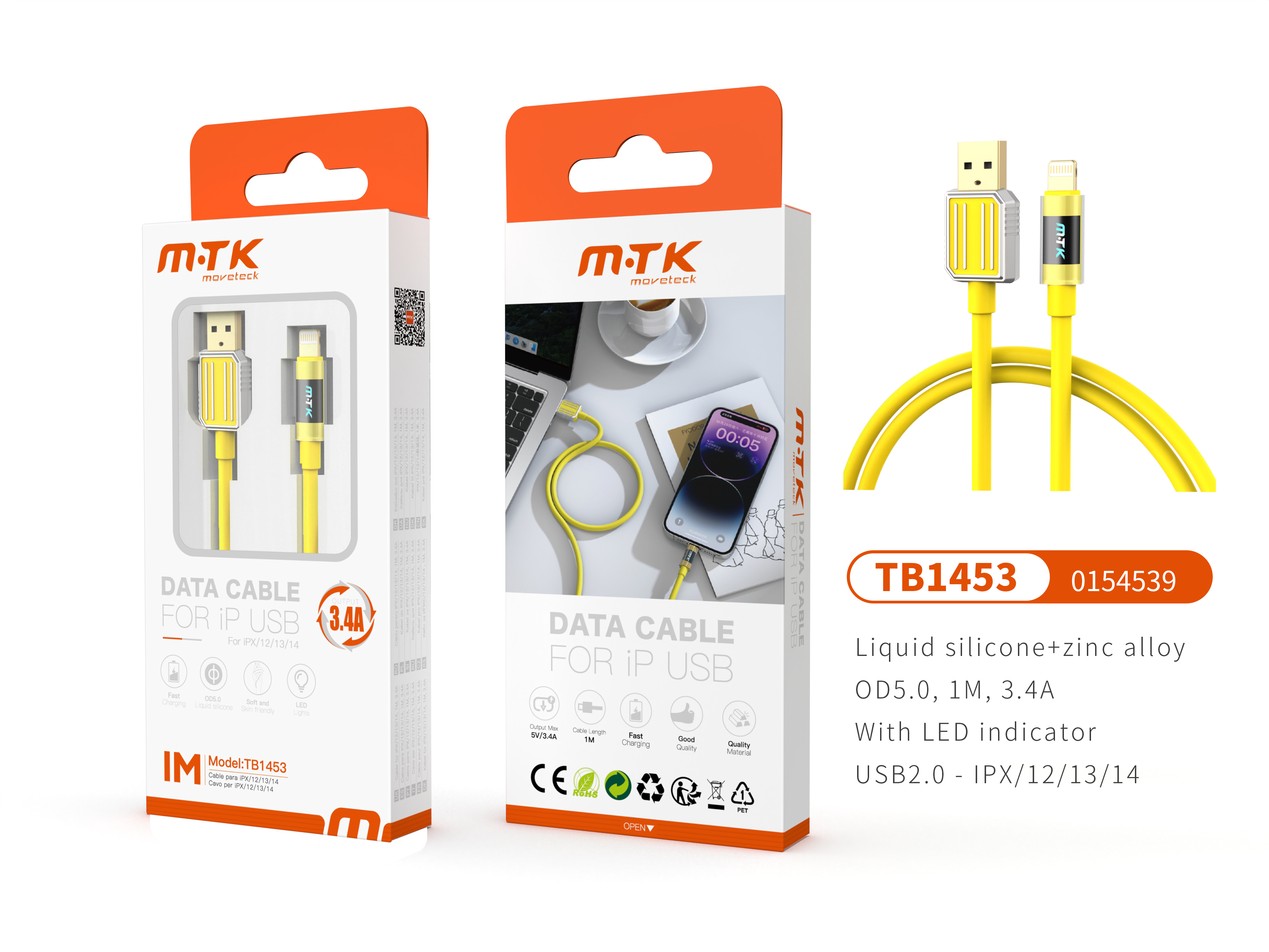 TB1453 AM Luxury Cable de datos Zinc Alloy+Silicona Aimee para Iphone 5-14 Con indicador Led, 5V/3.4