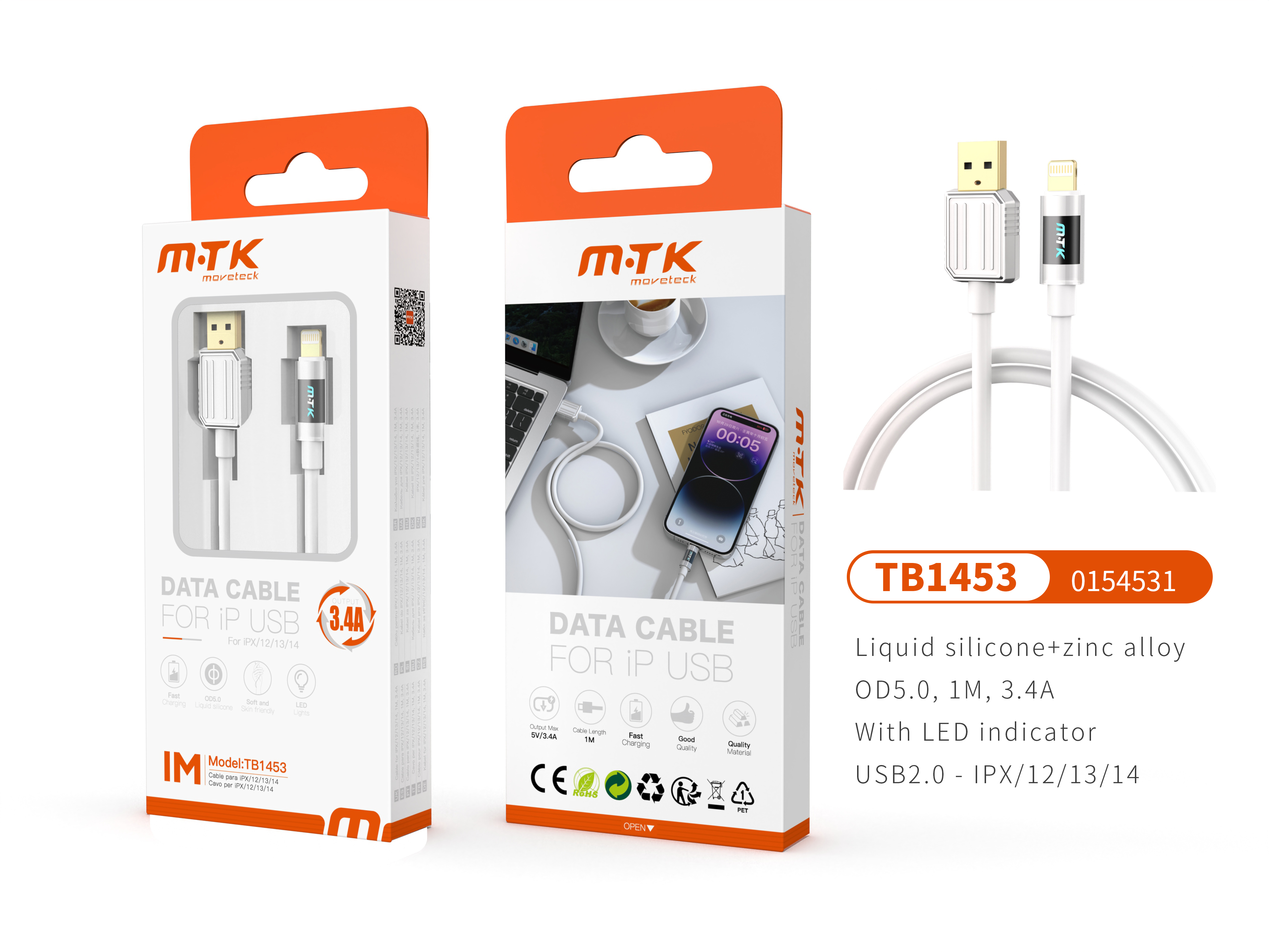 TB1453 BL Luxury Cable de datos Zinc Alloy+Silicona Aimee para Iphone 5-14 Con indicador Led, 5V/3.4