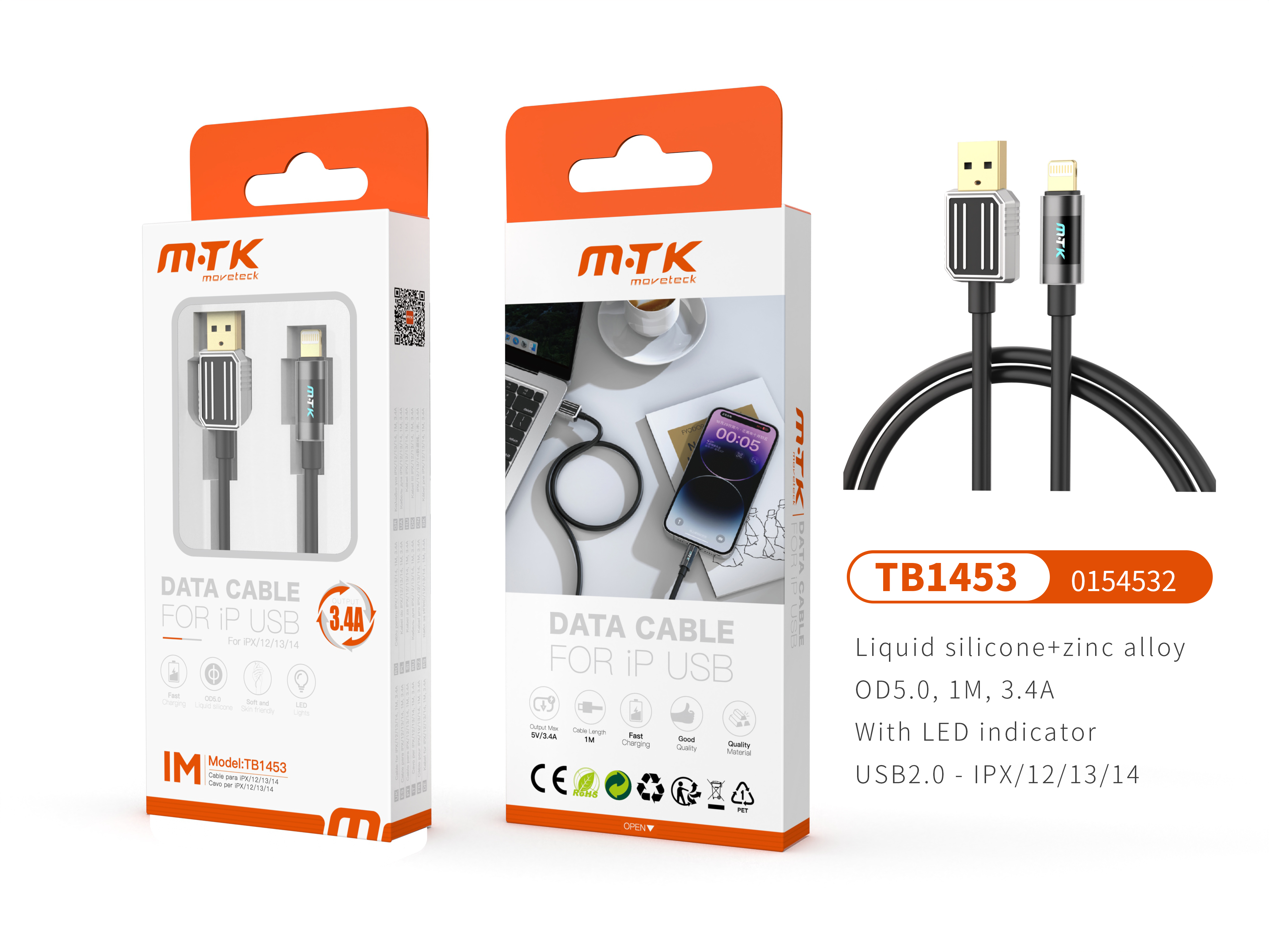 TB1453 NE Luxury Cable de datos Zinc Alloy+Silicona Aimee para Iphone 5-14 Con indicador Led, 5V/3.4