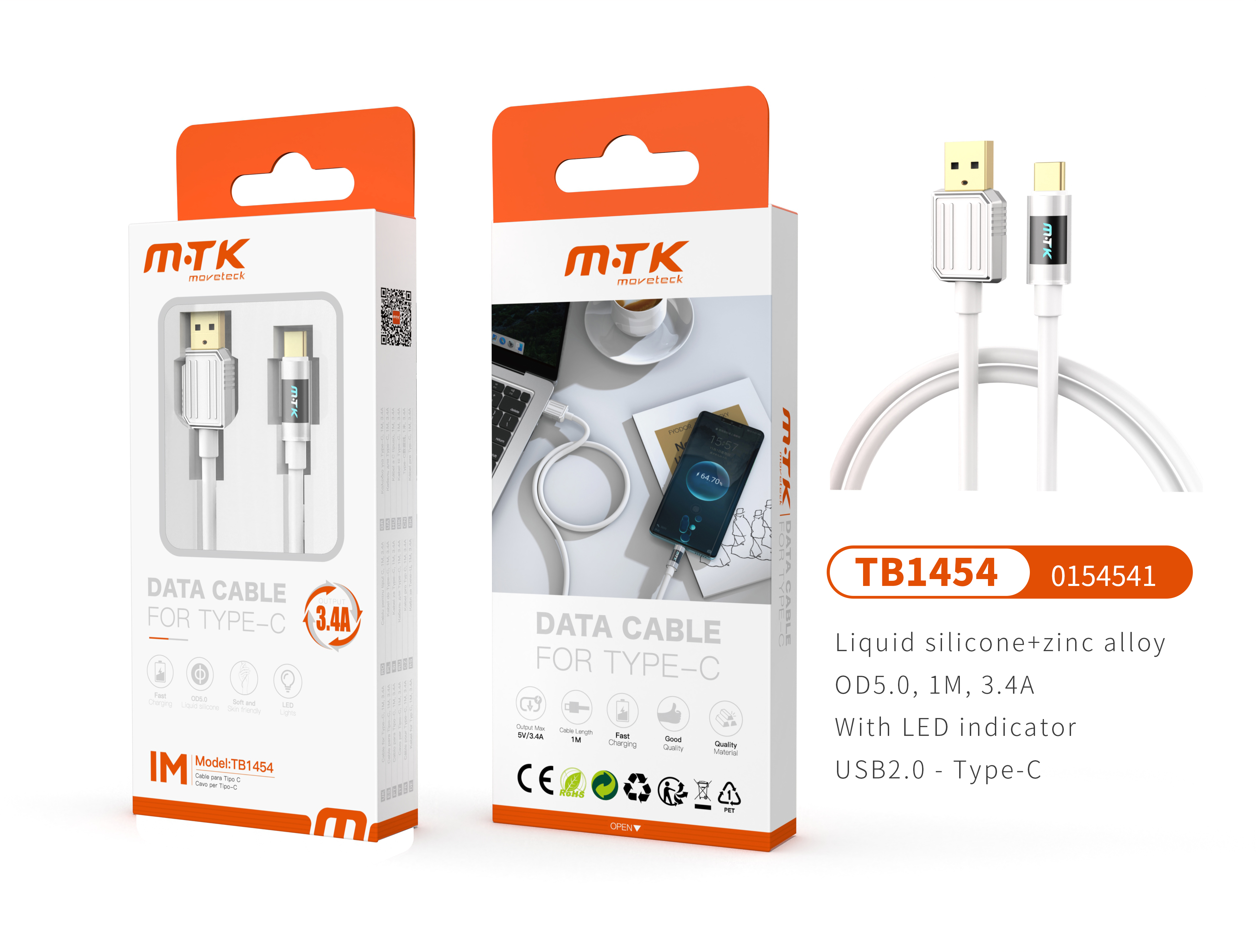 TB1454 BL Luxury Cable de datos Zinc Alloy+Silicona Aimee para Type-C Con indicador Led, 5V/3.4A, 1M