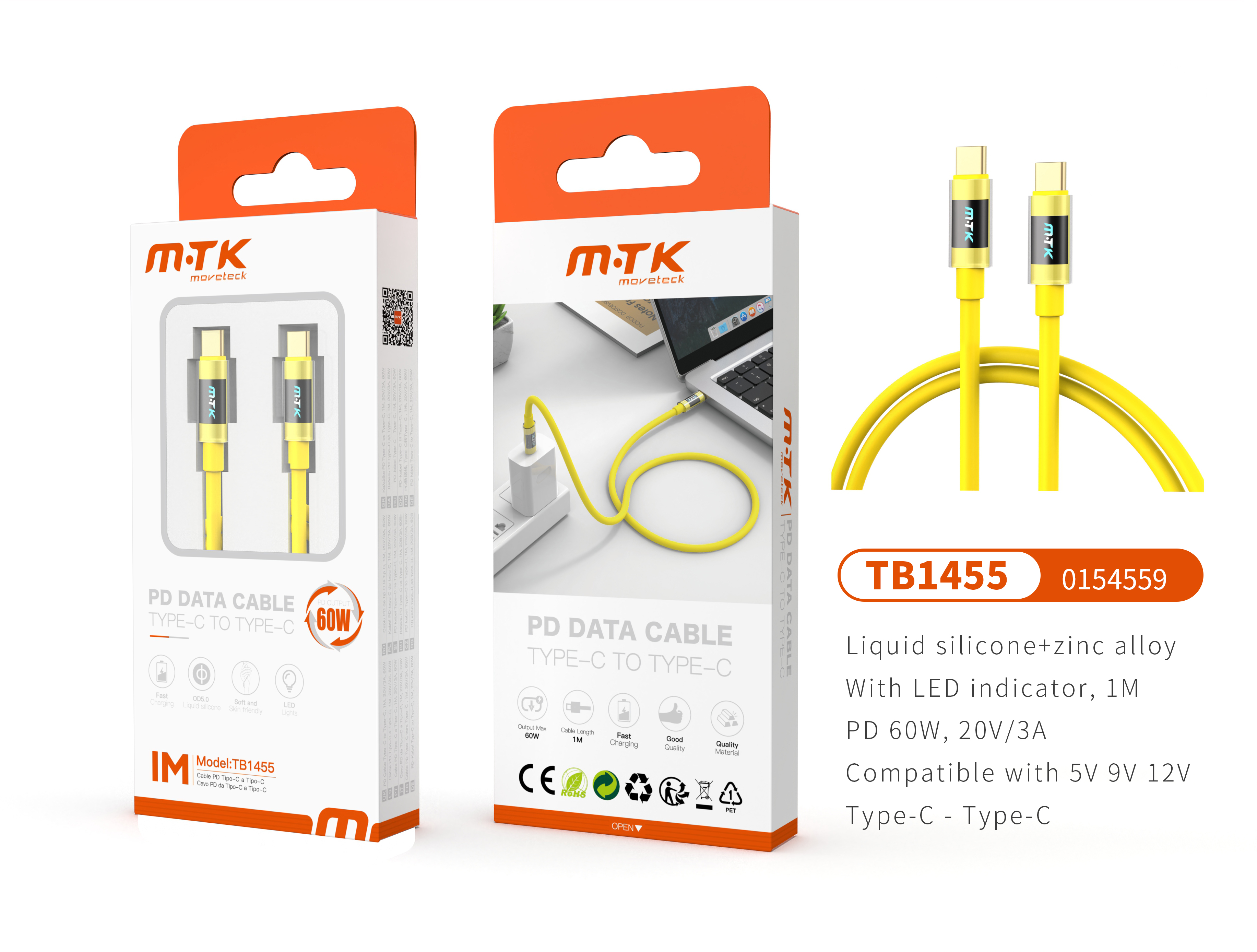 TB1455 AM Luxury Cable de datos Zinc Alloy+Silicona Aimee para Type-C a Type-C ,Carga Rapida PD 60W/20V/3A, 1M, Amarillo