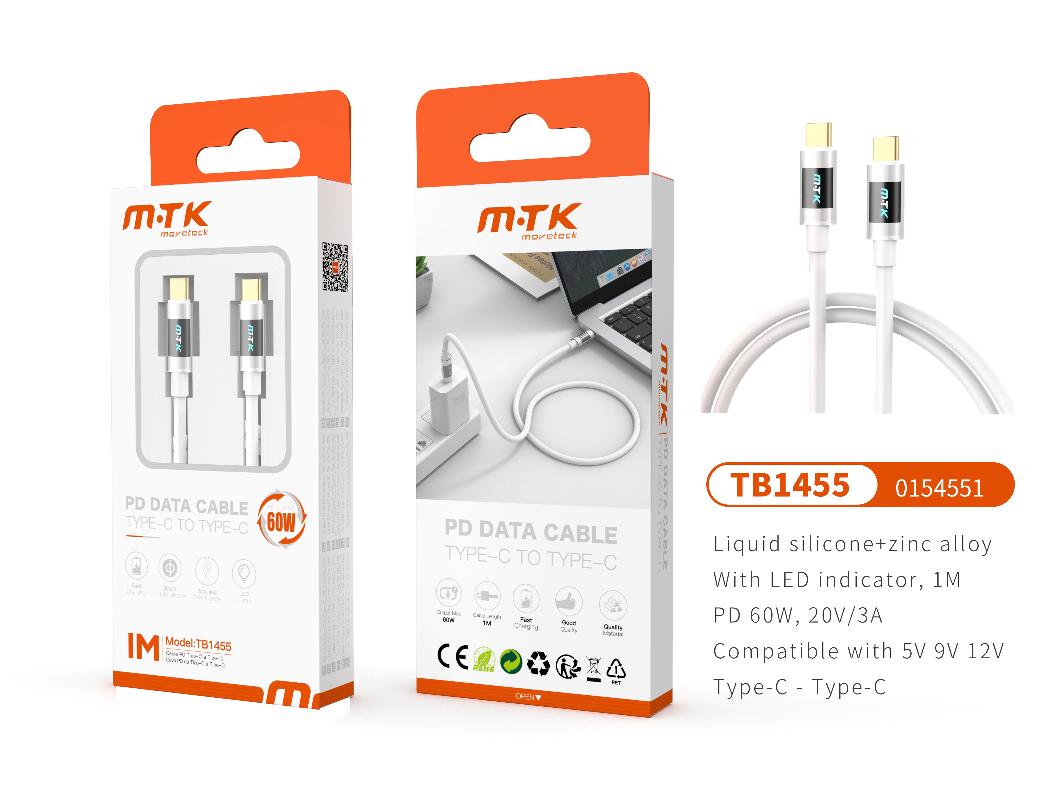 TB1455 BL Luxury Cable de datos Zinc Alloy+Silicona Aimee para Type-C a Type-C ,Carga Rapida PD 60W/20V/3A, 1M, Blanco