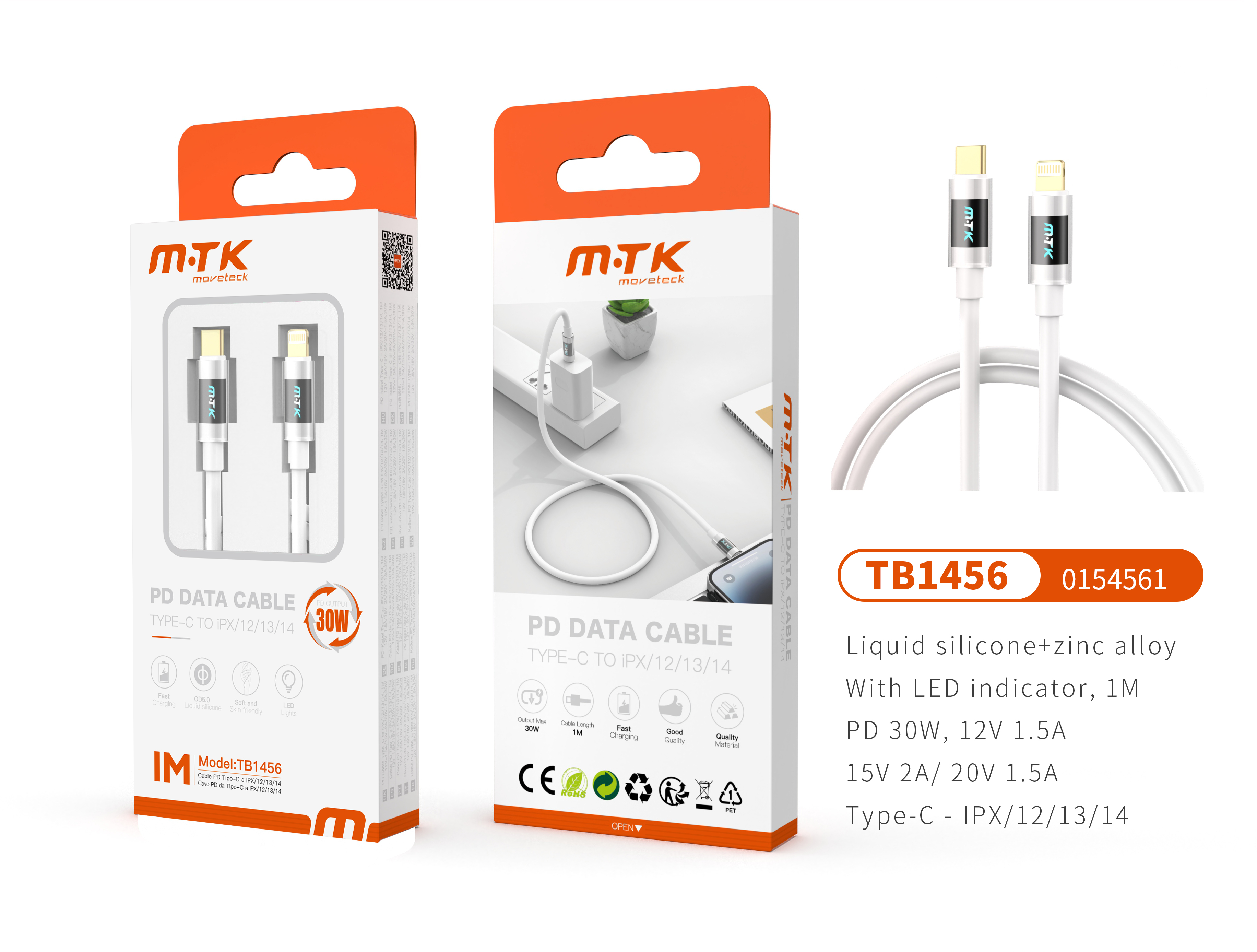 TB1456 BL Luxury Cable de datos Zinc Alloy+Silicona Aimee para Type-C a lightning, Carga Rapida PD, 30W/12V/2.5A, 1M, Blanco