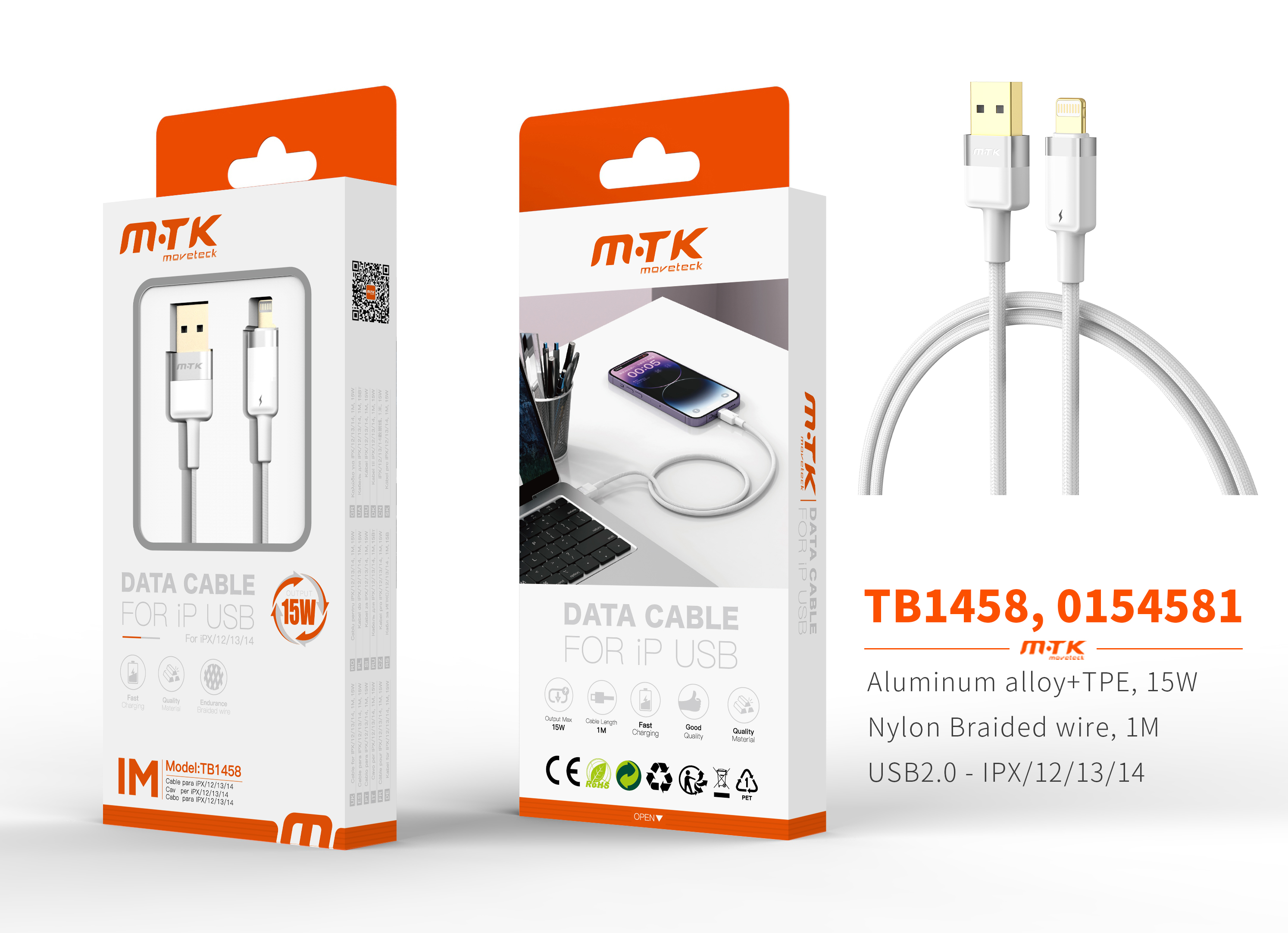 TB1458 BL Luxury Cable de datos Silas nylon trenzado para Iphone 5-14 , 5V/3.4A, 1M, Blanco