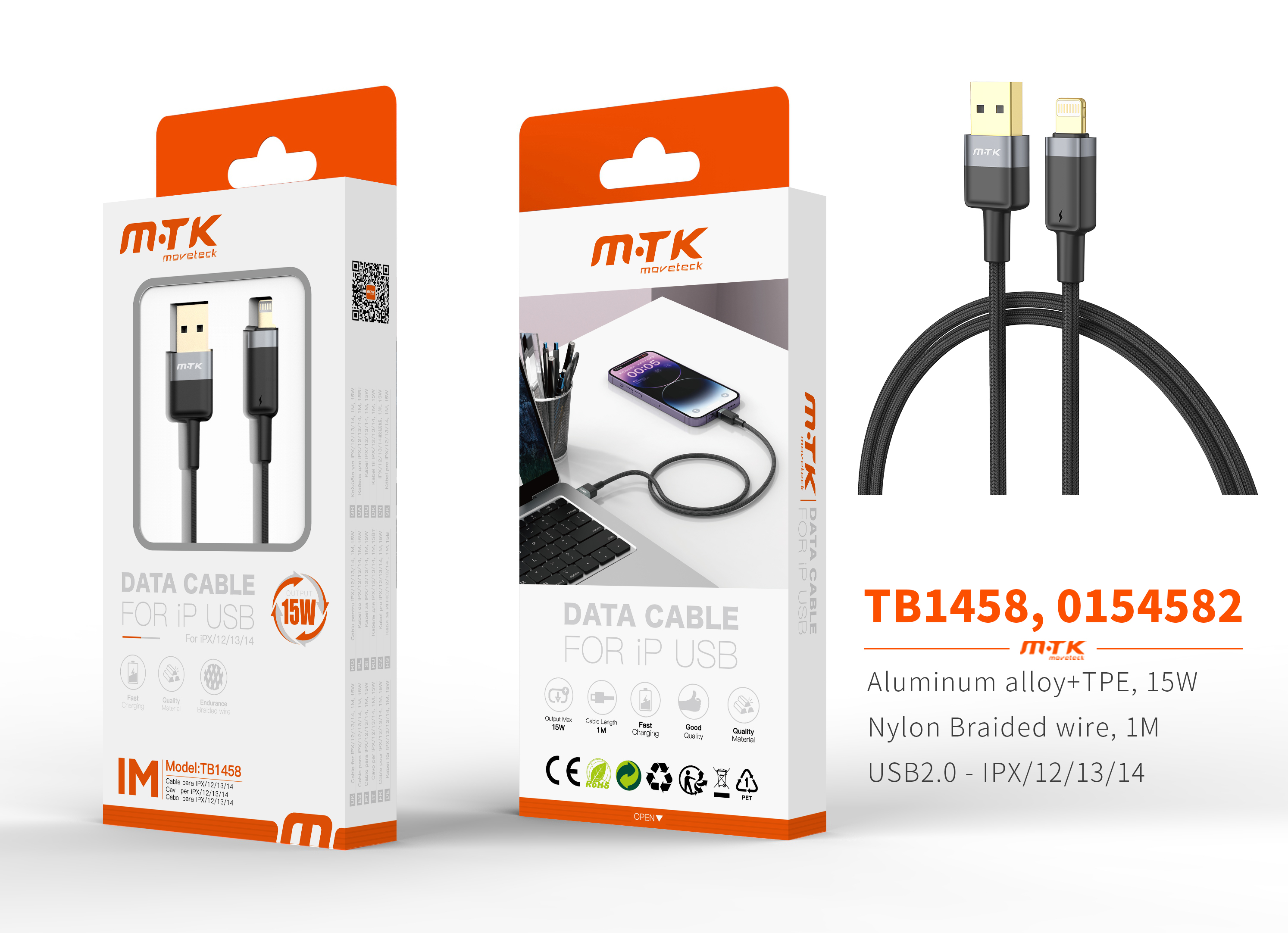 TB1458 NE Luxury Cable de datos Silas nylon trenzado para Iphone 5-14 , 5V/3.4A, 1M, Negro