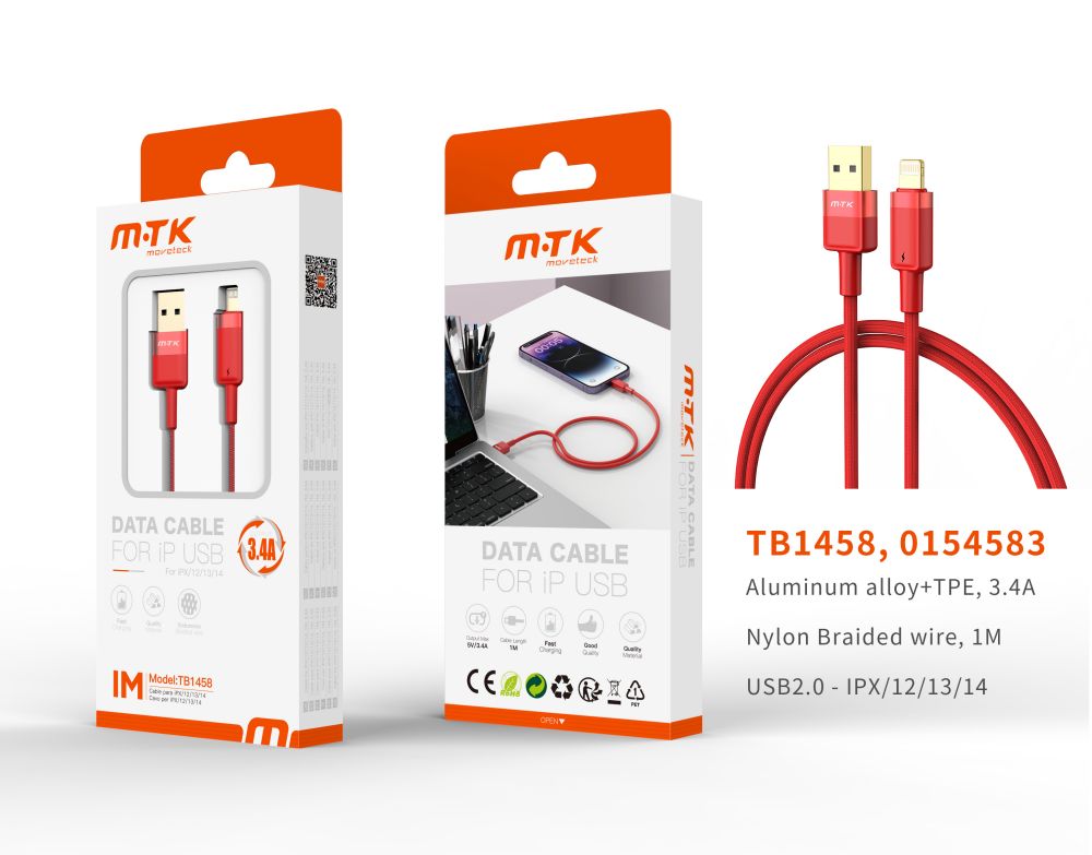 TB1458 RJ Luxury Cable de datos Silas nylon trenzado para Iphone 5-14 , 5V/3.4A, 1M, Rojo
