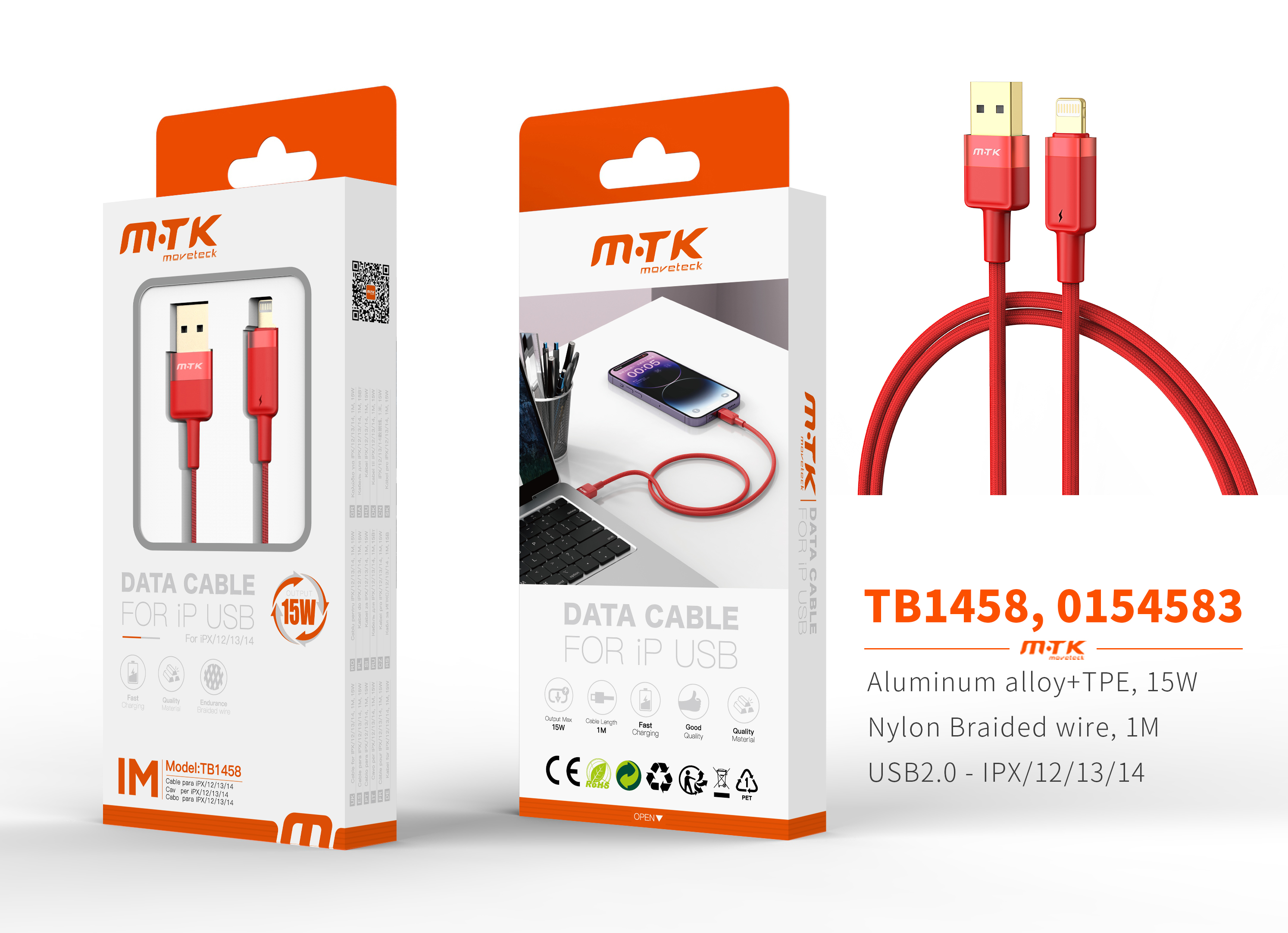 TB1458 RJ Luxury Cable de datos Silas nylon trenzado para Iphone 5-14 , 5V/3.4A, 1M, Rojo