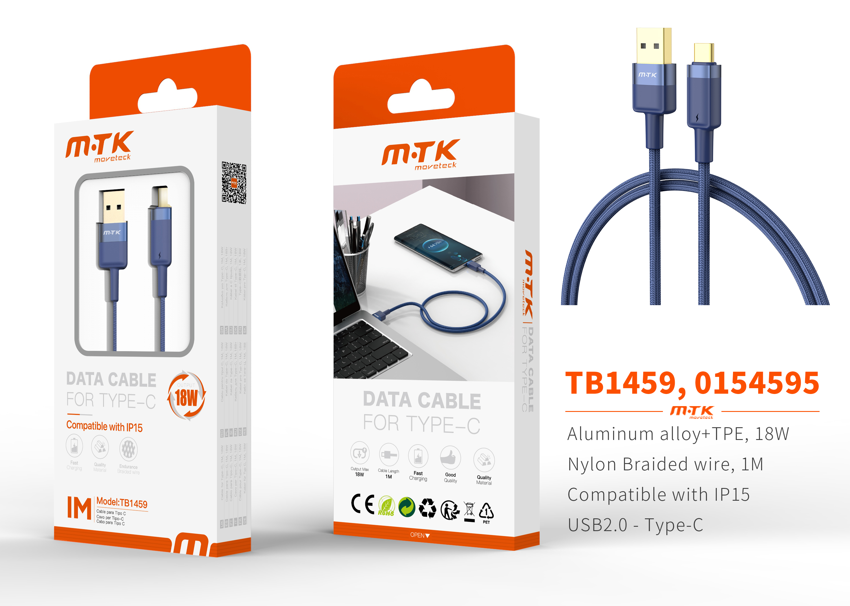 TB1459 AZ Luxury Cable de datos Silas nylon trenzado para Type-C , 5V/3.4A, 1M, Azul