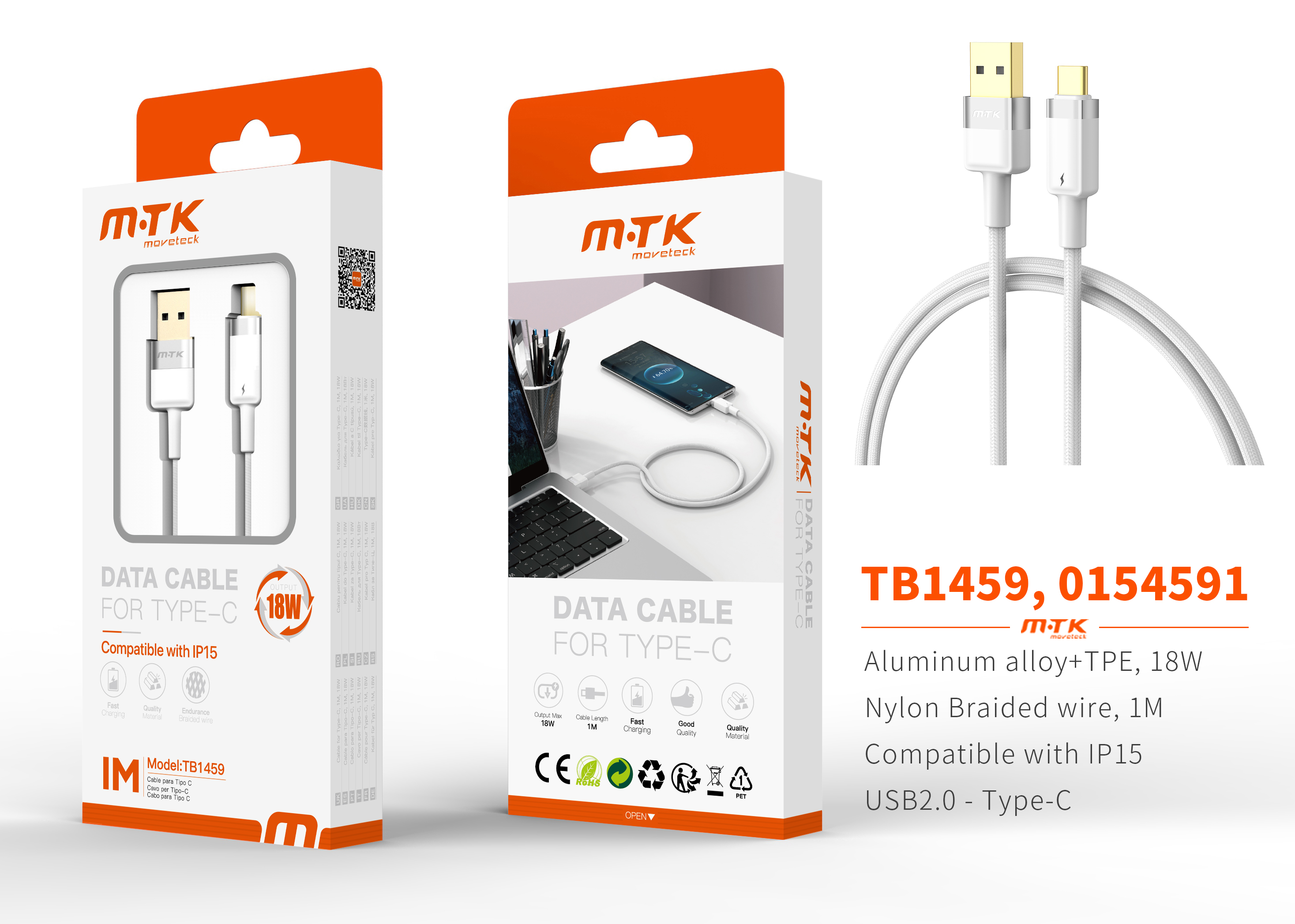 TB1459 BL Luxury Cable de datos Silas nylon trenzado para Type-C , 5V/3.4A, 1M, Blanco