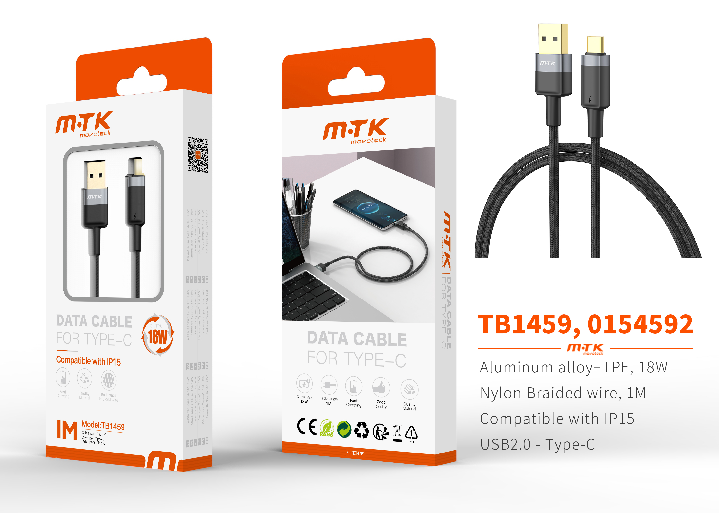 TB1459 NE Luxury Cable de datos Silas nylon trenzado para Type-C , 5V/3.4A, 1M, Negro