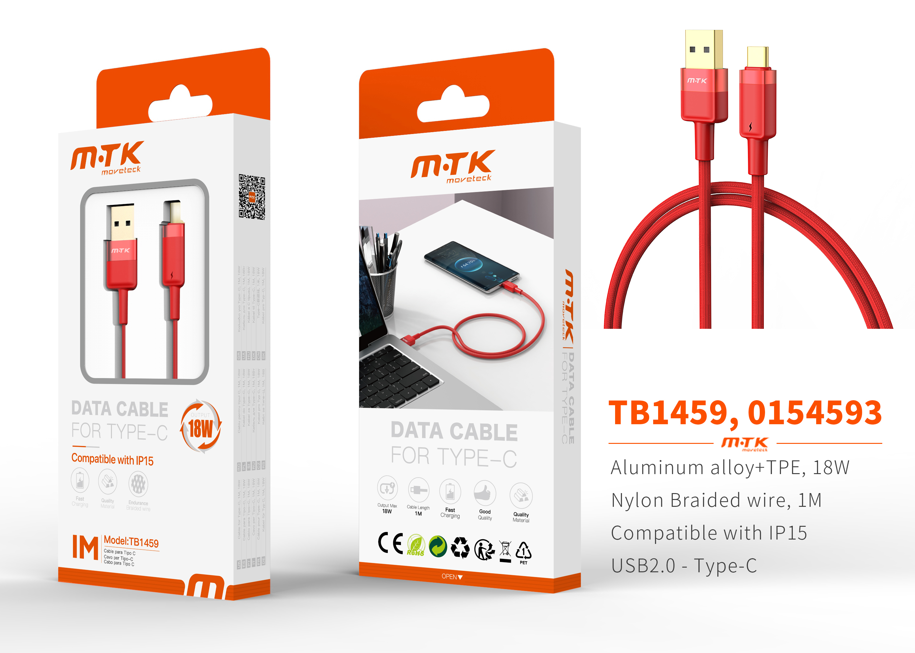 TB1459 RS Luxury Cable de datos Silas nylon trenzado para Type-C , 5V/3.4A, 1M, Rosa