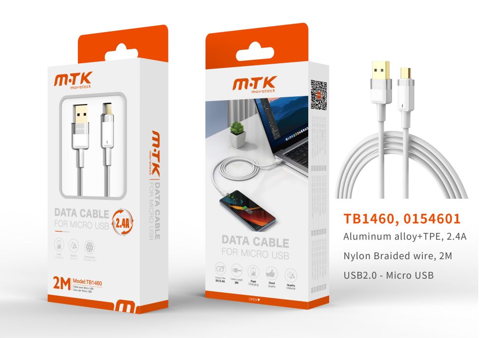TB1460 BL Luxury Cable de datos Silas nylon trenzado para Micro USB , 5V/2.4A, 2M, Blanco