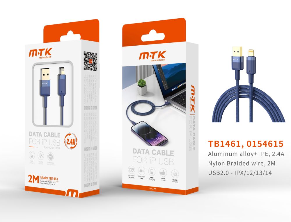 TB1461 AZ Luxury Cable de datos Silas nylon trenzado para Iphone 5-14 , 5V/2.4A, 2M, Azul