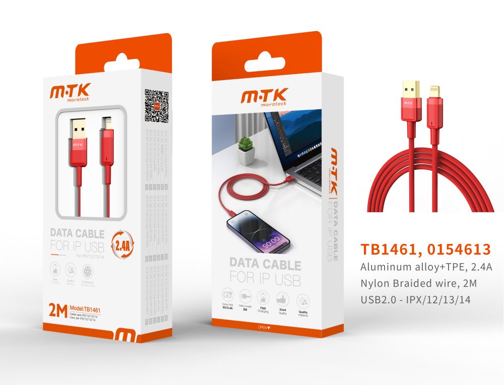 TB1461 RJ Luxury Cable de datos Silas nylon trenzado para Iphone 5-14 , 5V/2.4A, 2M, Rojo