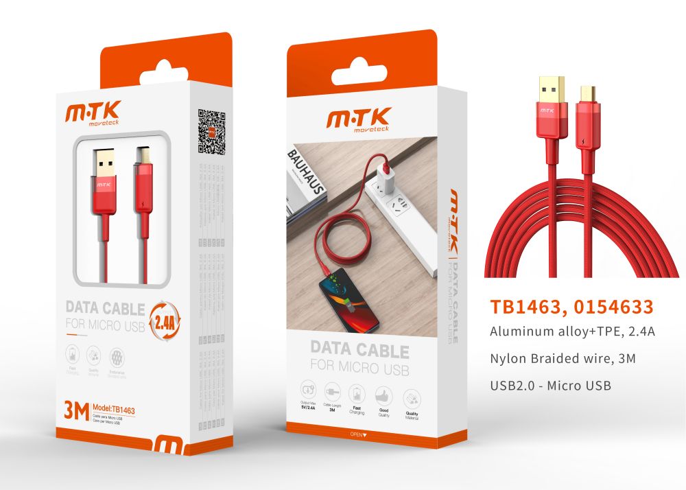 TB1463 RJ Luxury Cable de datos Silas nylon trenzado para Micro USB , 5V/2.4A, 3M, Rojo