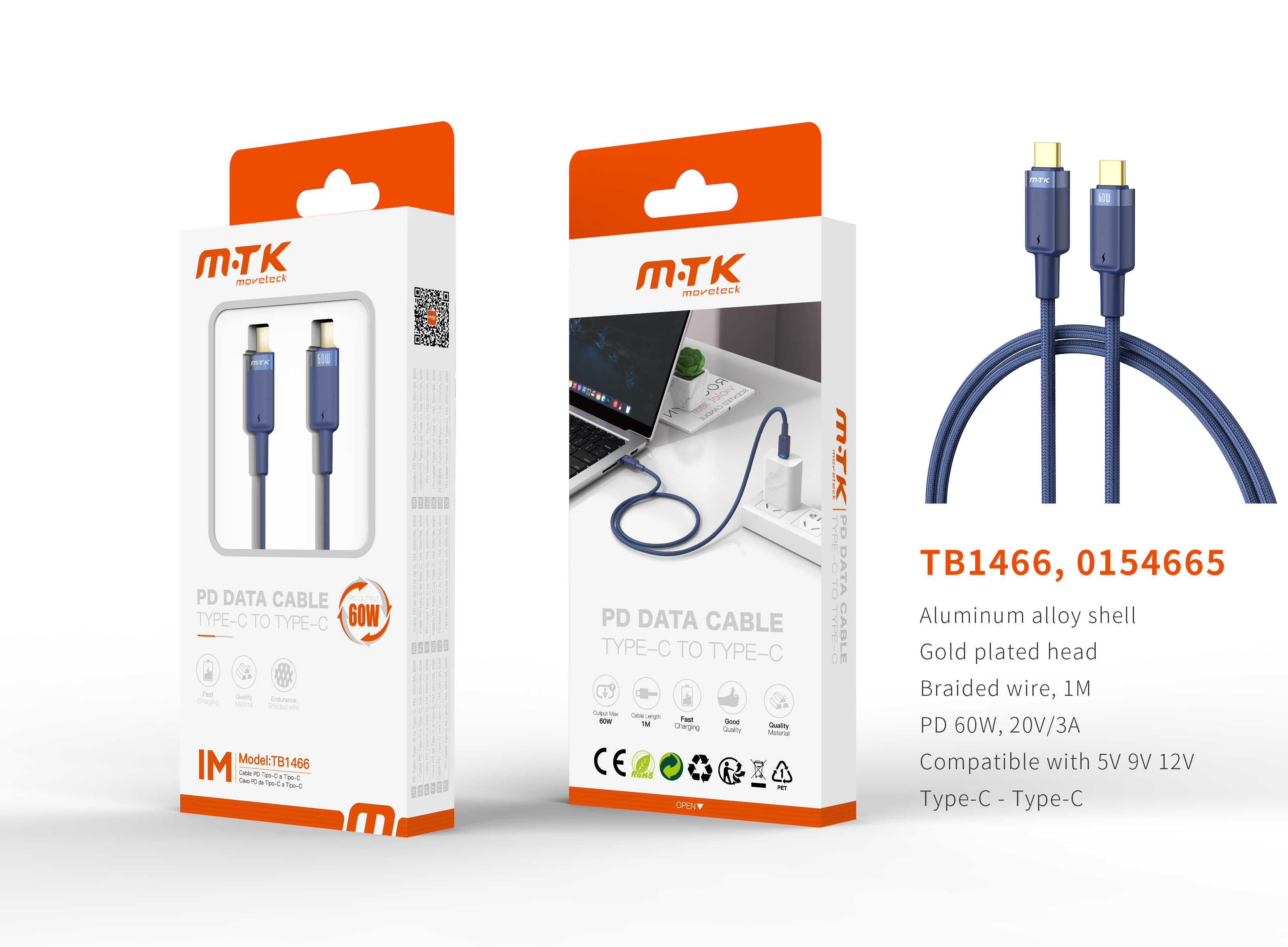 TB1466 AZ Luxury Cable de datos Silas nylon trenzado para Type-C a Type-C , Carga Rapida PD,60W/20V/