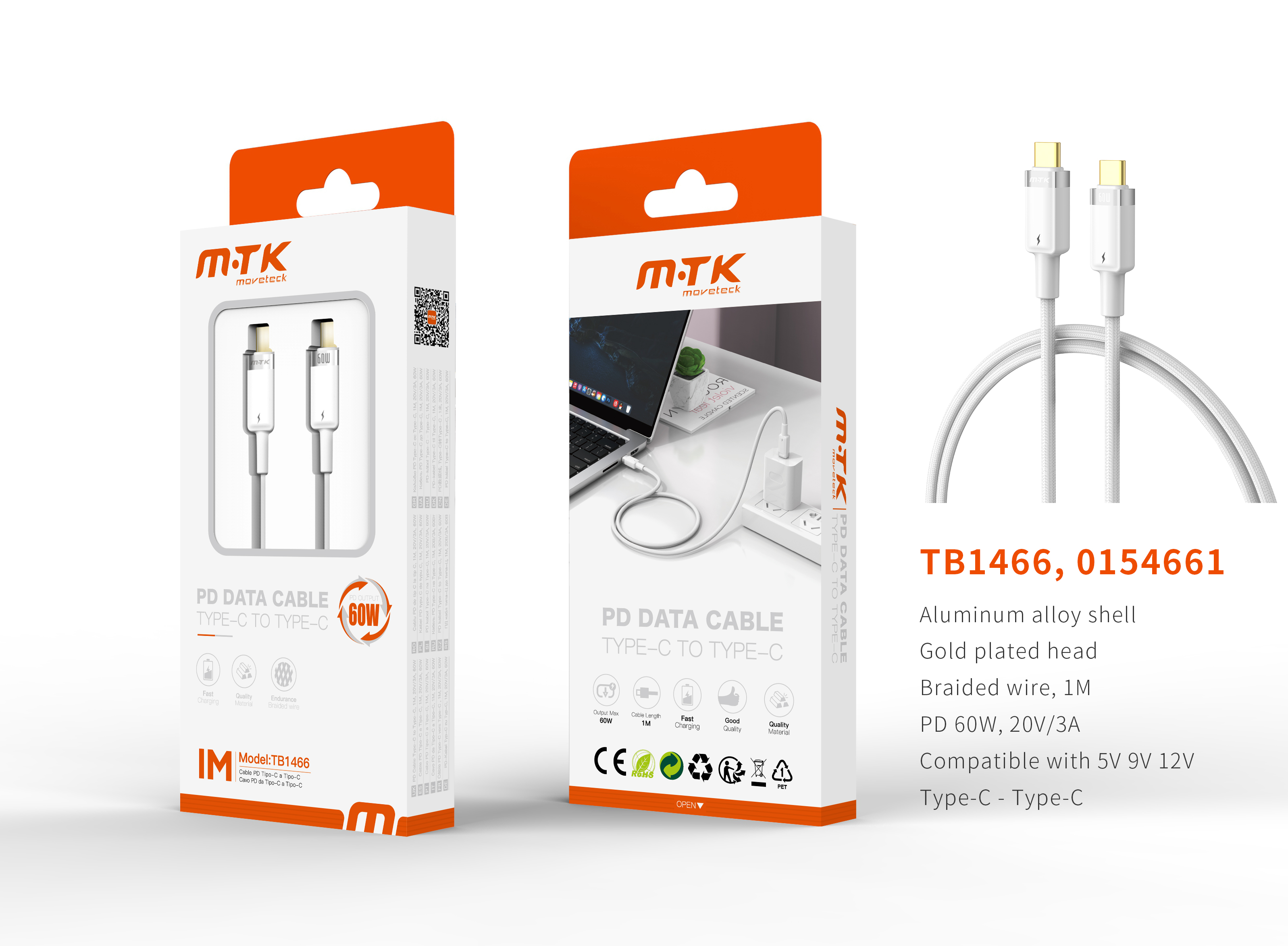 TB1466 BL Luxury Cable de datos Silas nylon trenzado para Type-C a Type-C , Carga Rapida PD,60W/20V/