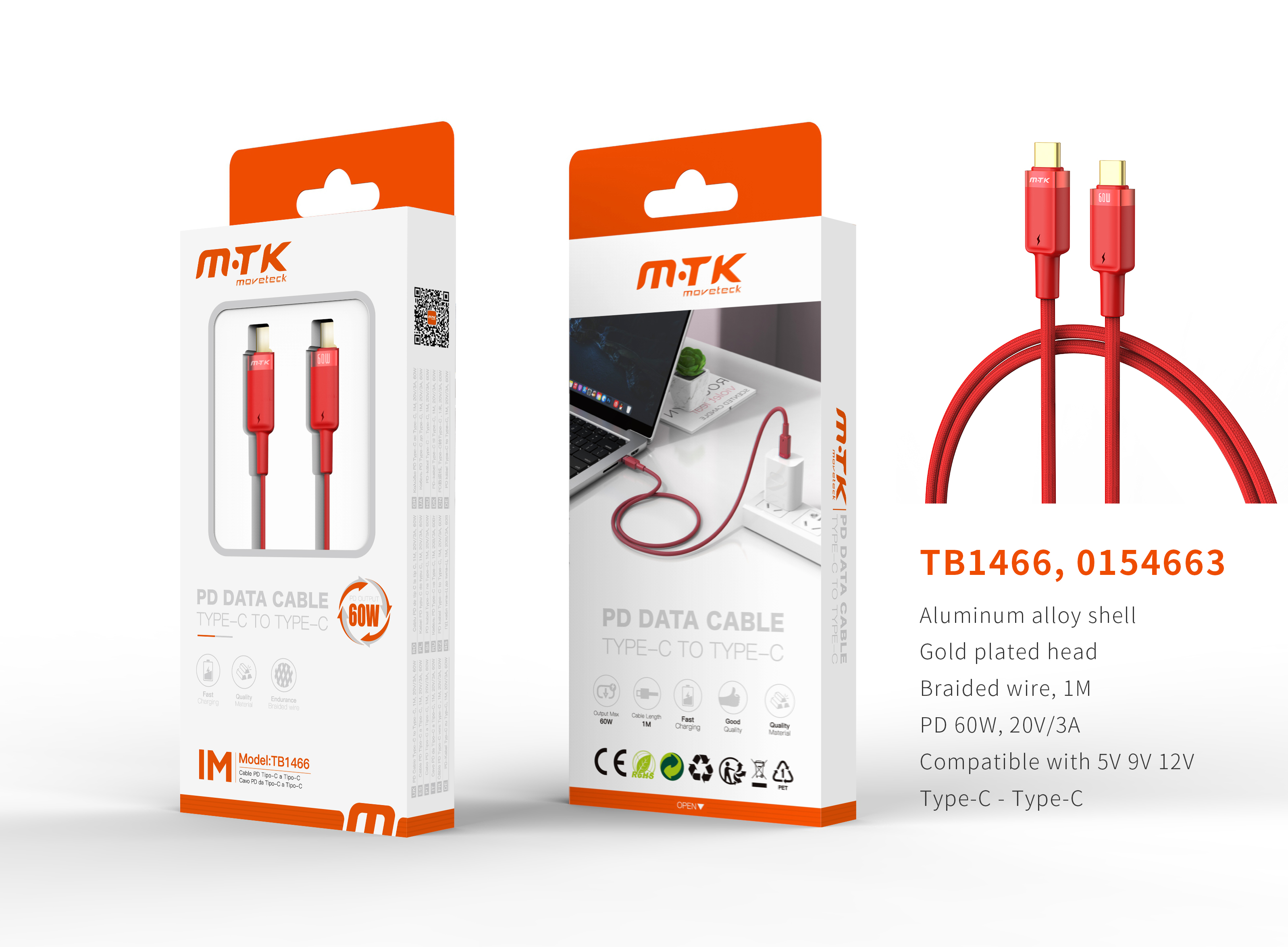 TB1466 RJ Luxury Cable de datos Silas nylon trenzado para Type-C a Type-C , Carga Rapida PD,60W/20V/