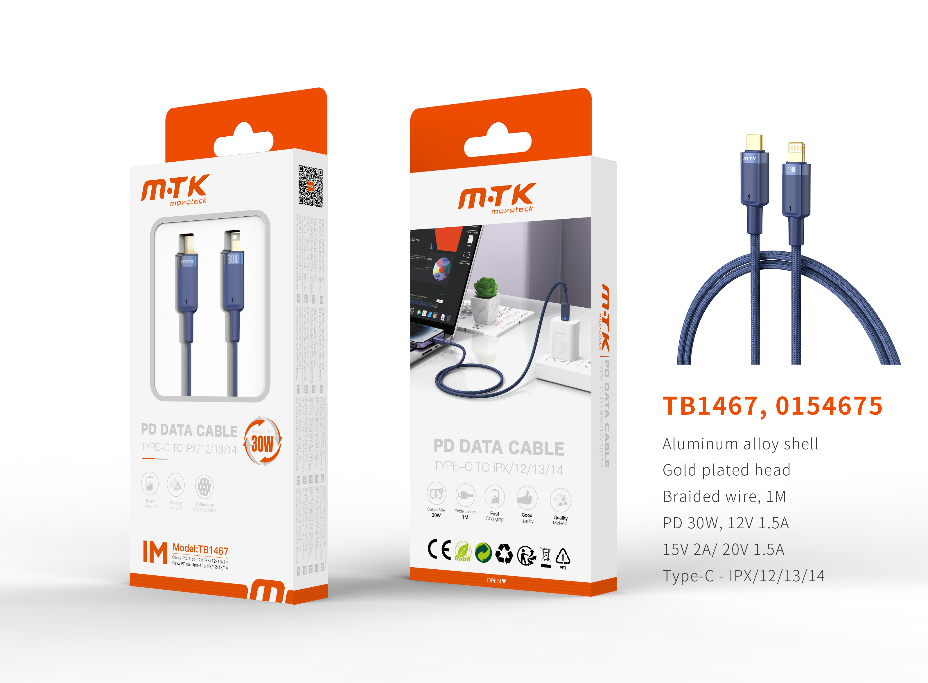 TB1467 AZ Luxury Cable de datos Silas nylon trenzado para Type-C a lightning, Carga Rapida PD, 30W/1